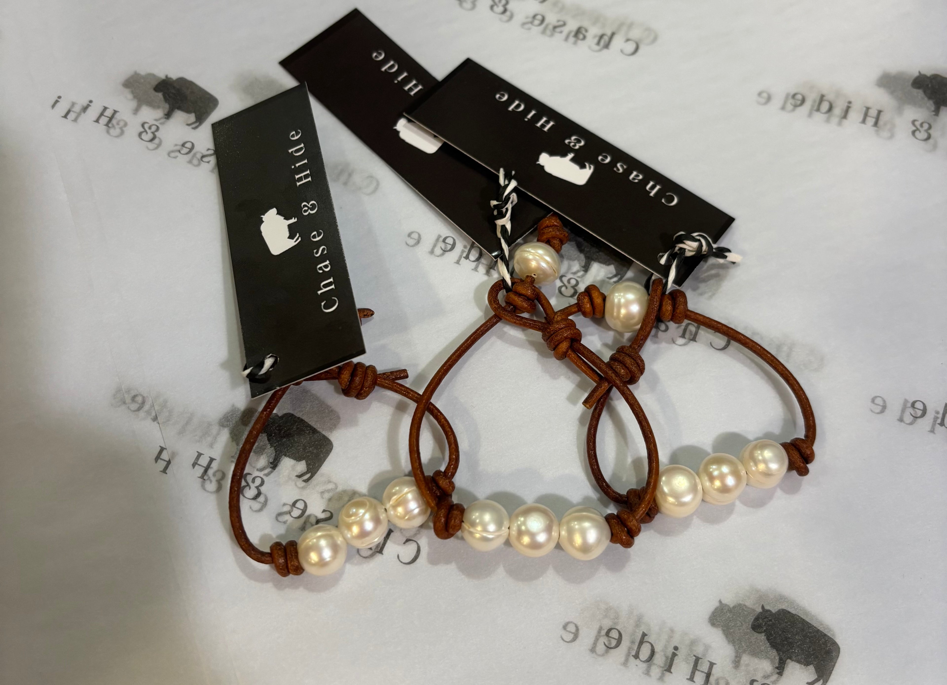 Pearls on tan leather bracelet small