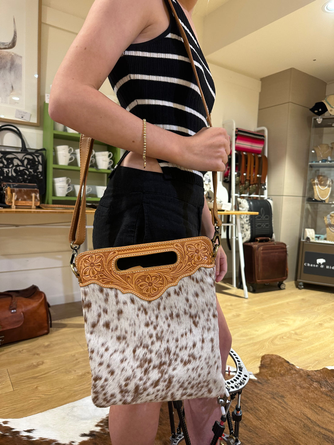 Sundance hide & tooled leather handbag