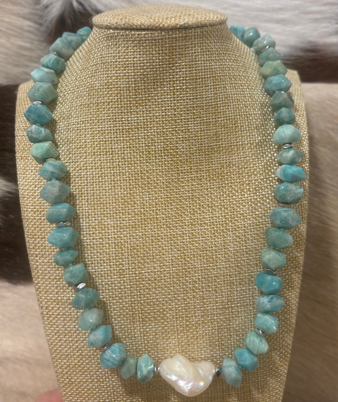 Faceted natural Amazonite and fresh water Keshi Pearl