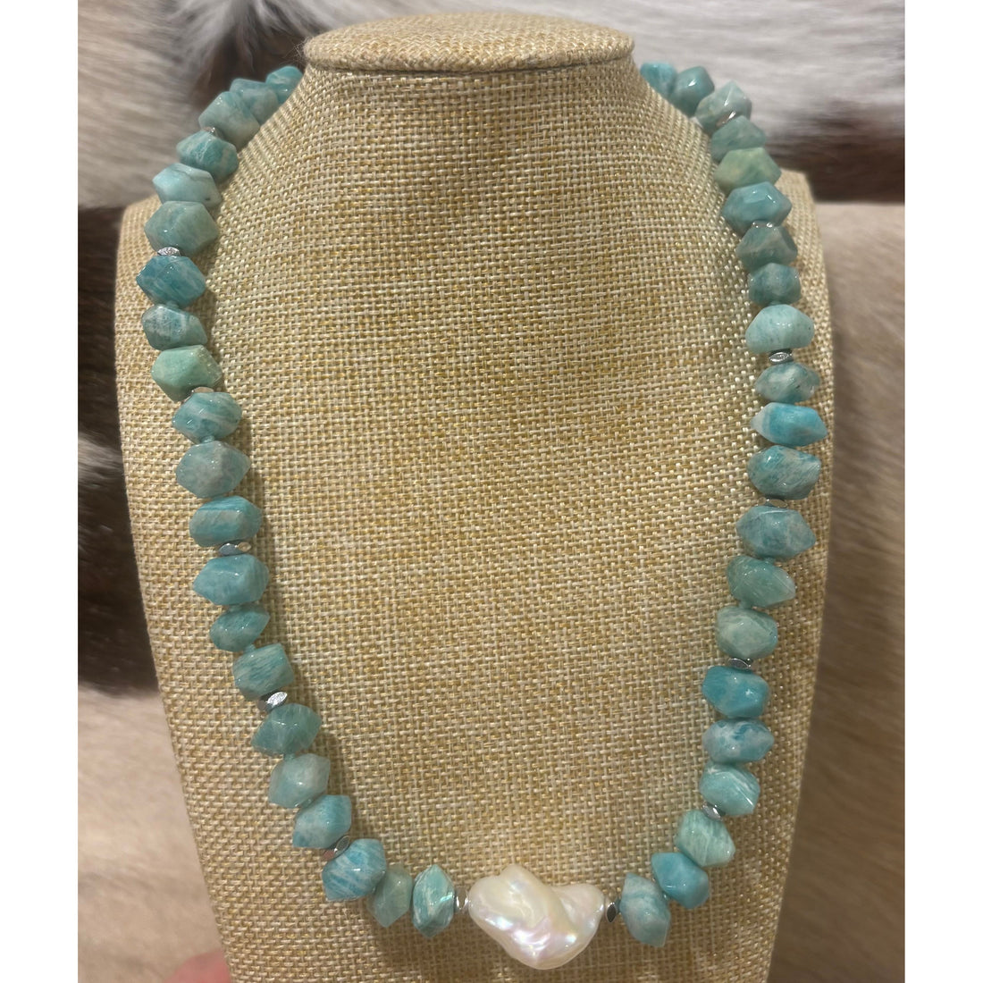 Faceted natural Amazonite and fresh water Keshi Pearl