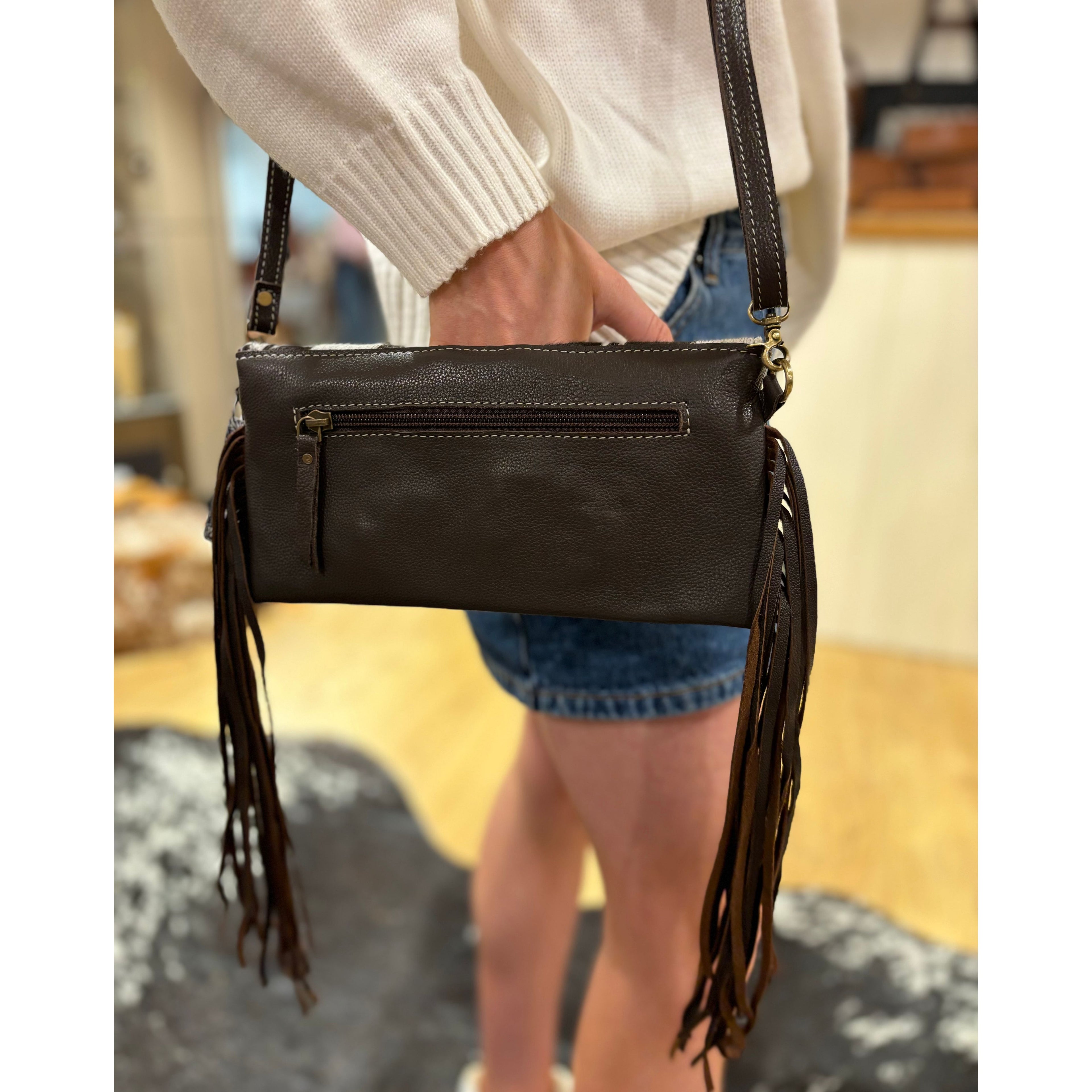 Hand Painted Tooling Leather Flap Cowhide Bag With Fringes – AB74