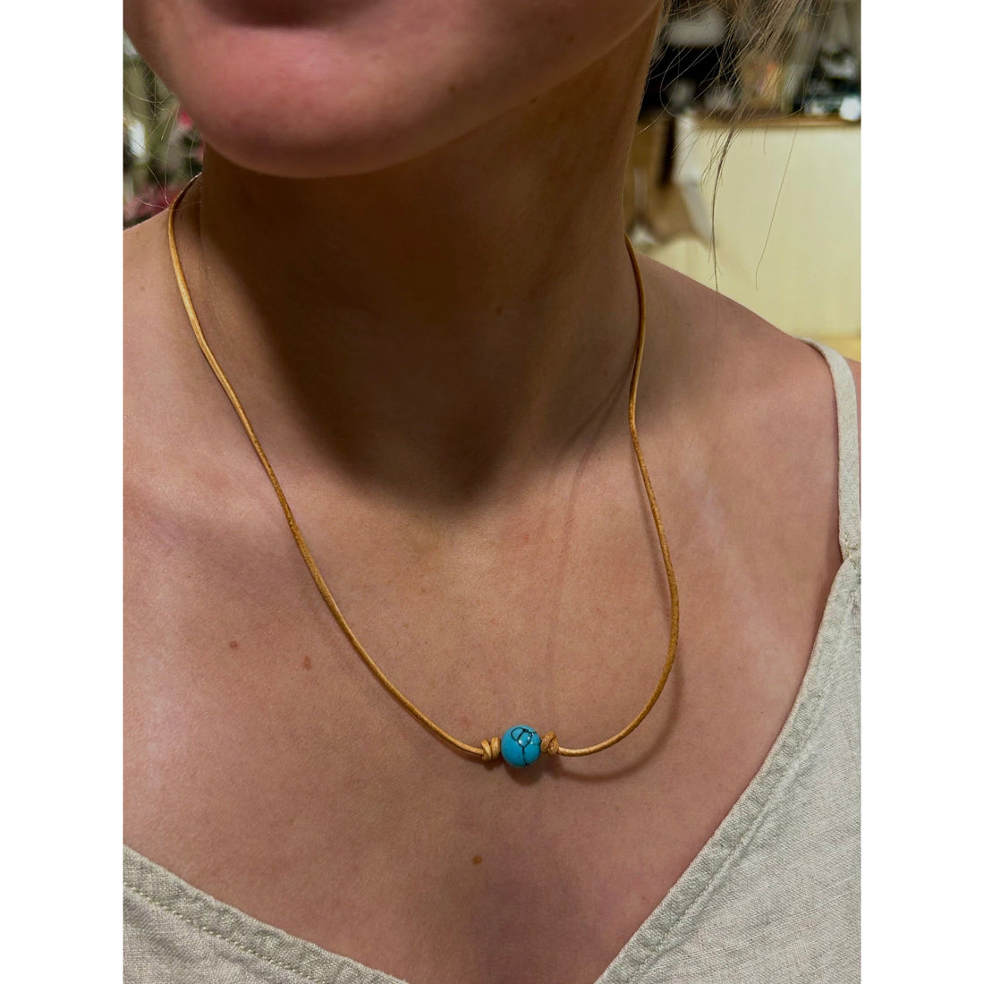 Turquoise and Light Tan leather necklace
