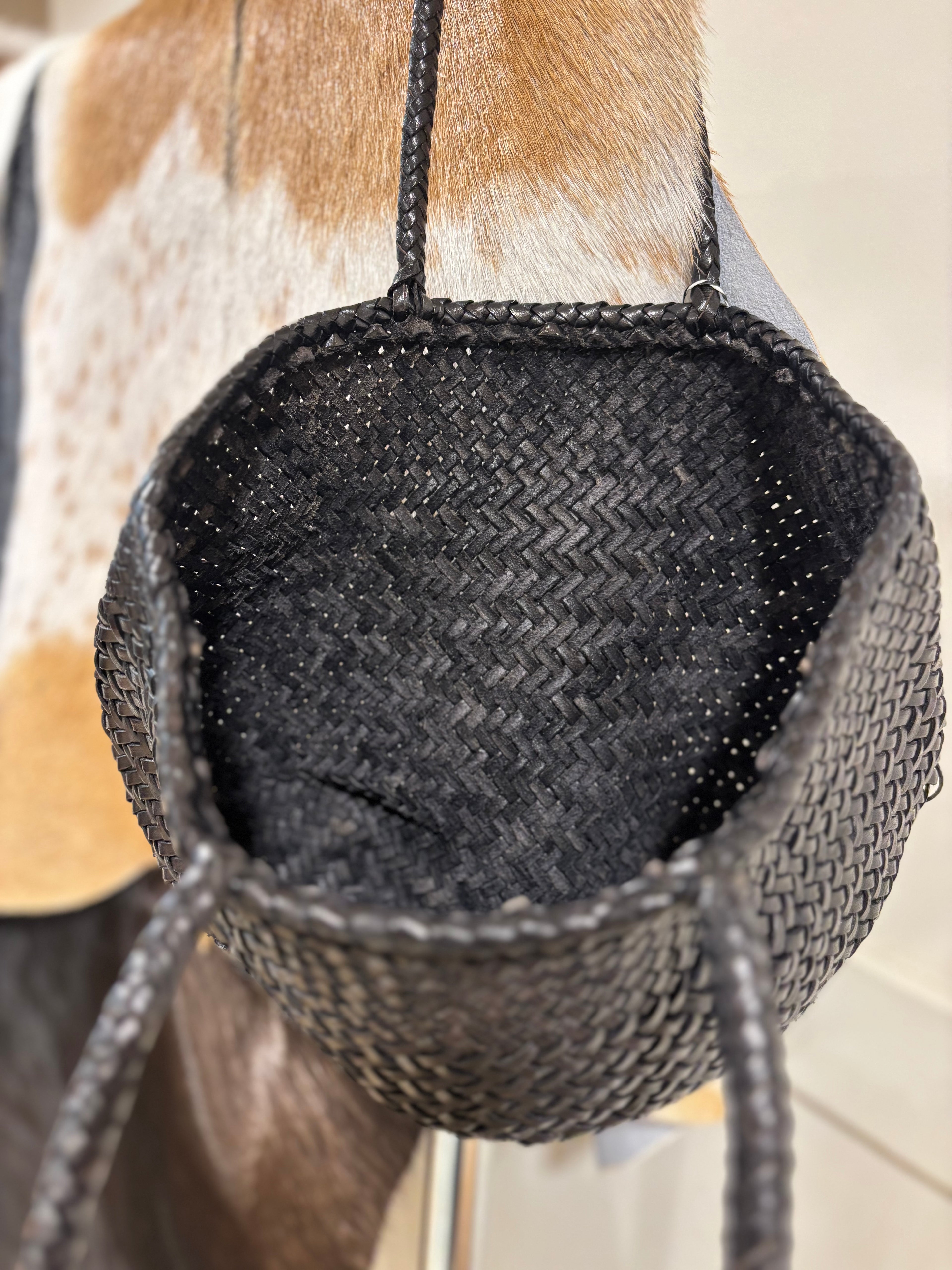 Small black leather weave bag