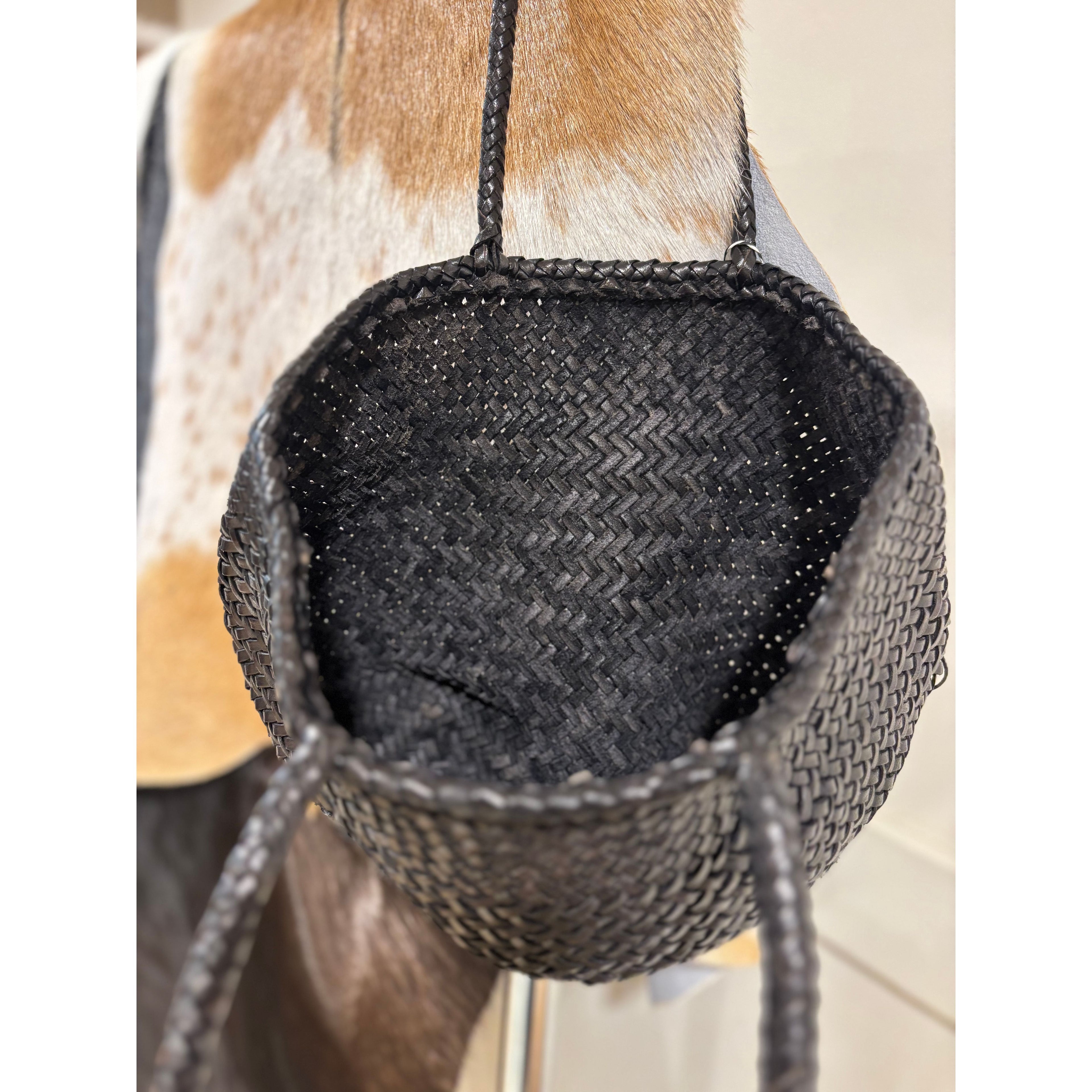 black leather weave bag