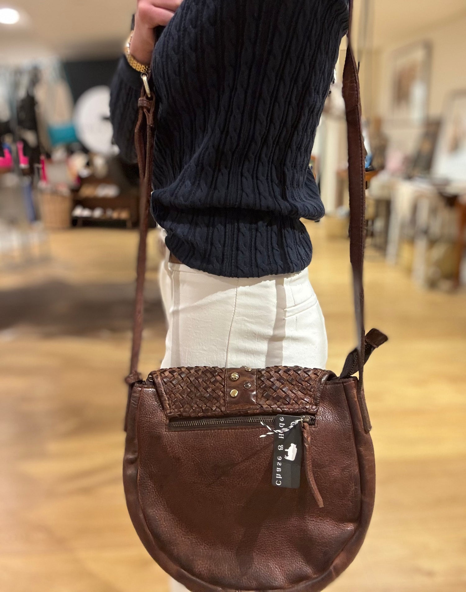 Leather weave gold stud handbag