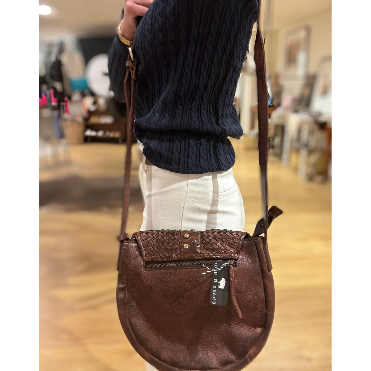 Leather weave gold stud handbag