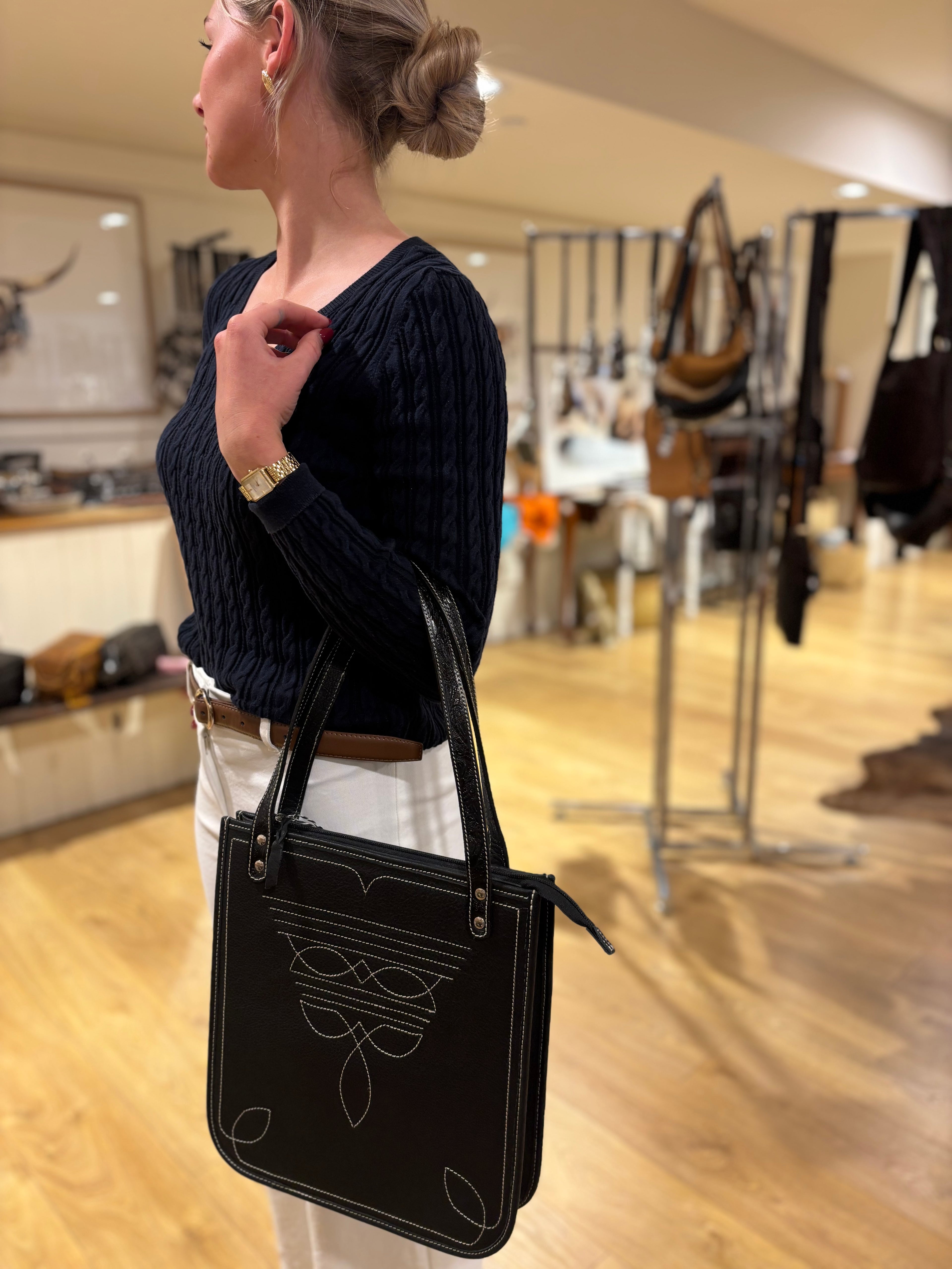 Tooling leather boot stitch bag
