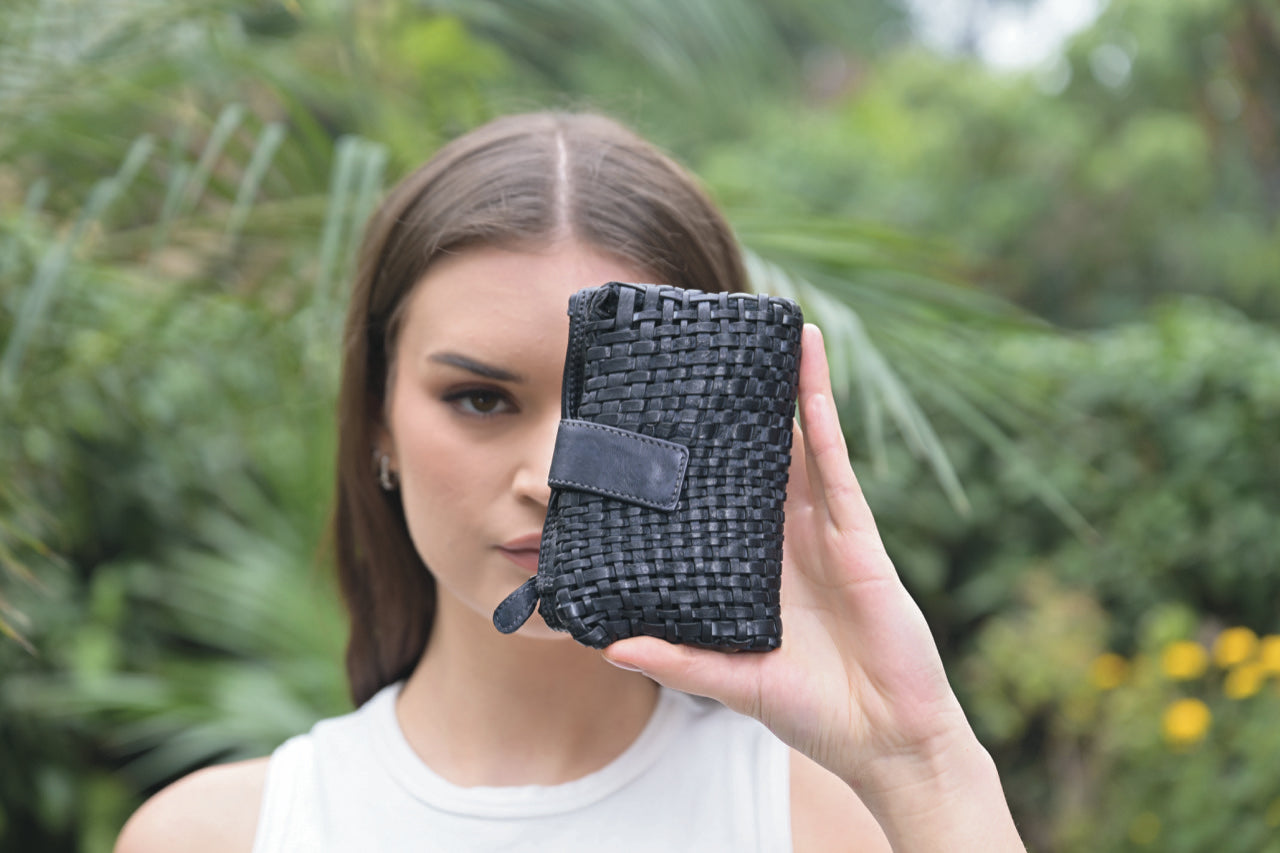 Woven washed leather small fold wallet