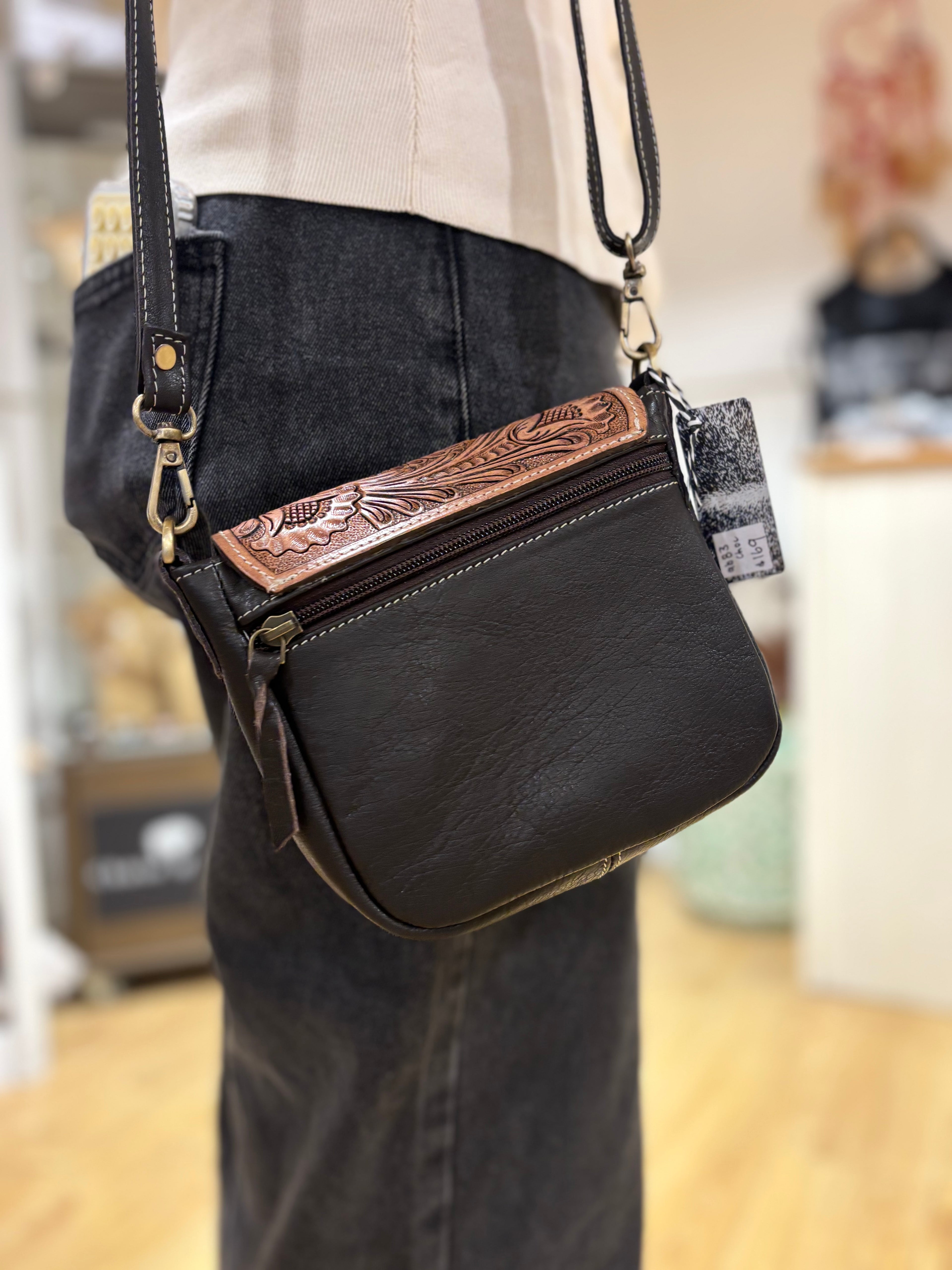 Bullhead tooling leather sling bag