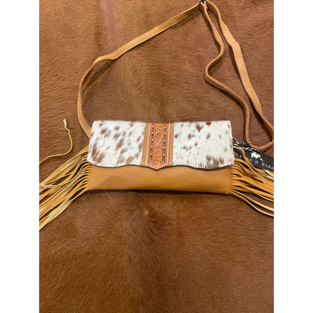 Hand Painted Tooling Leather Flap Cowhide Bag With Fringes – AB74