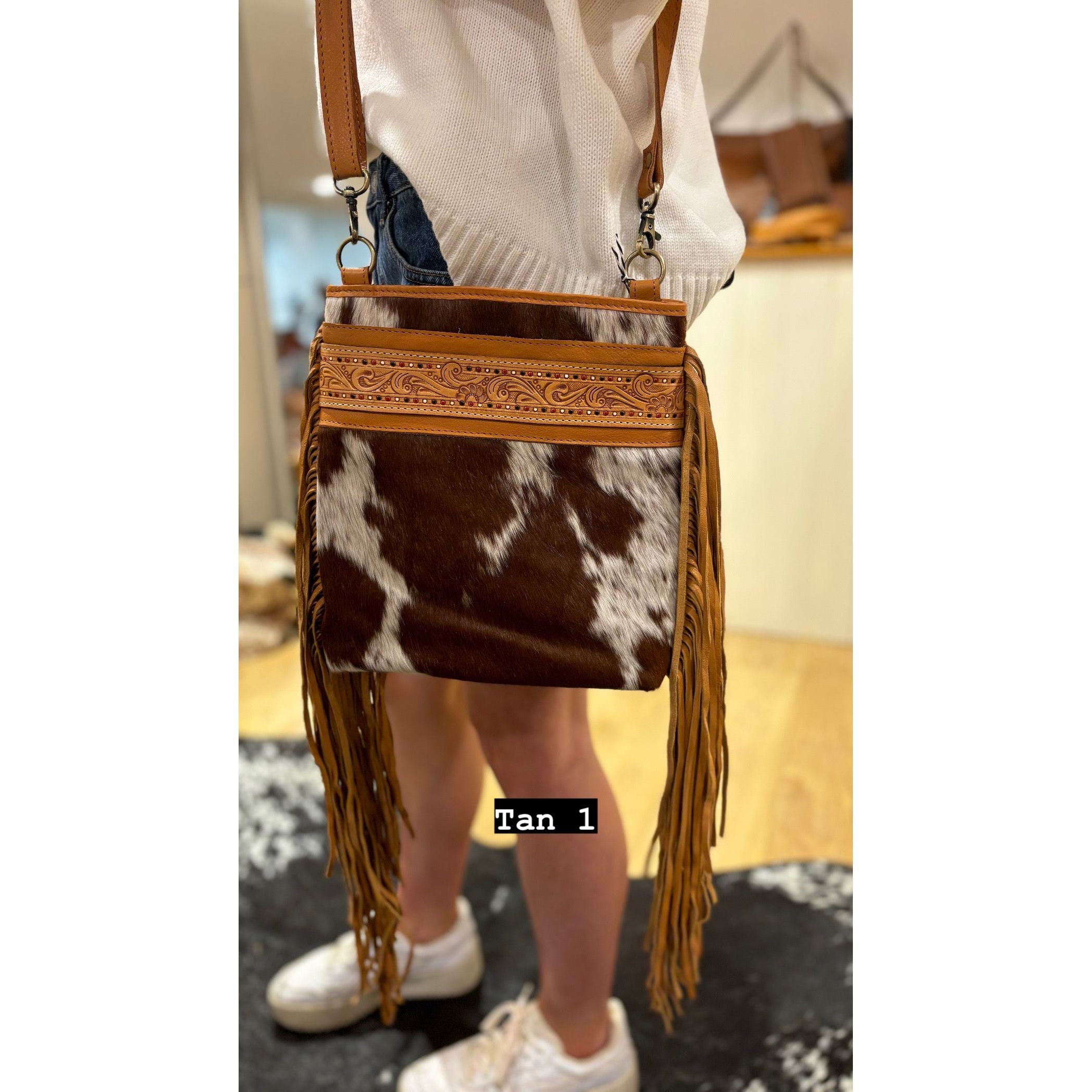 Hand Painted Tooling Leather Medium Sling Cowhide Bag With Fringes – AB72