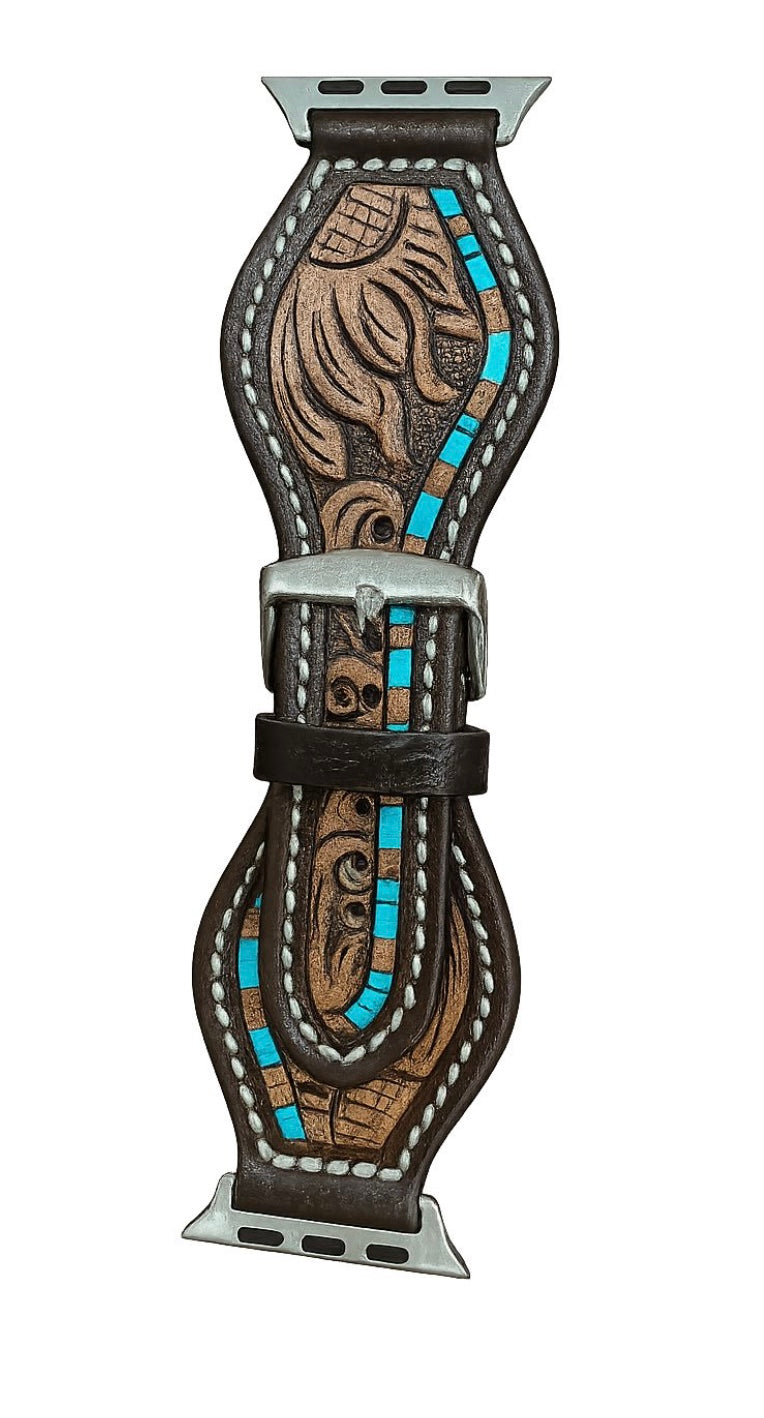 Tooling Leather Rounded Apple Watch Strap with Turq – WS105