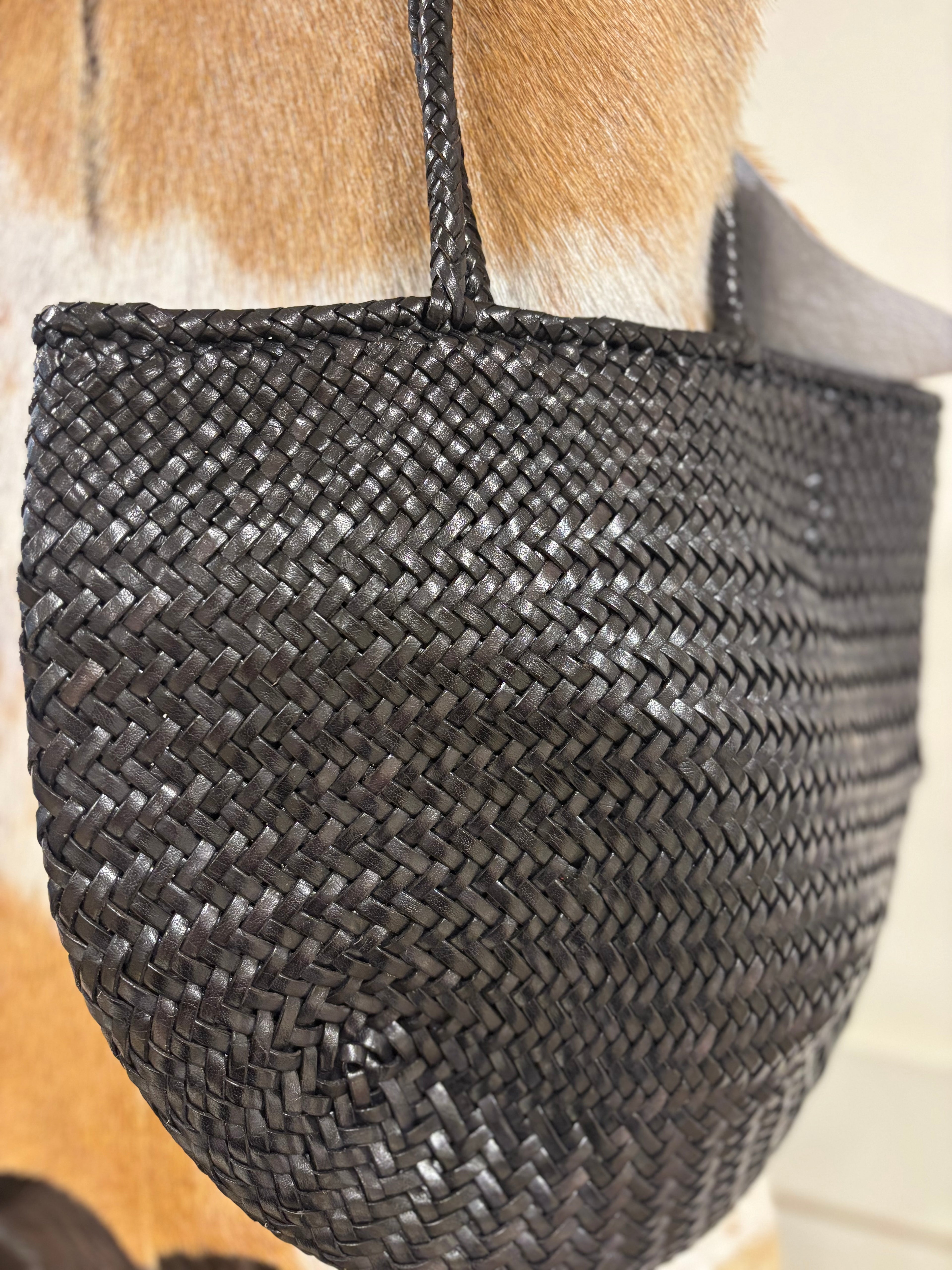 Small black leather weave bag