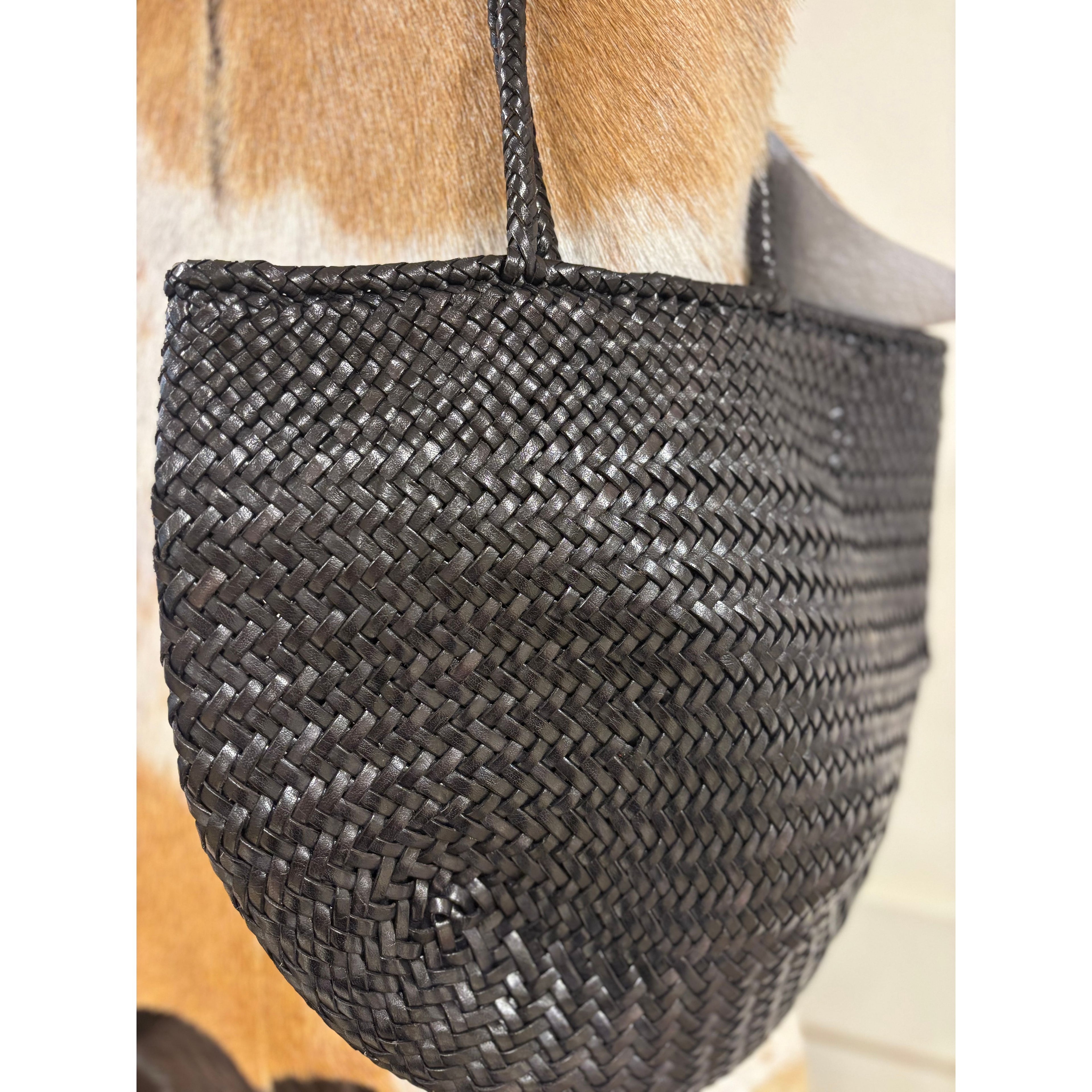 black leather weave bag