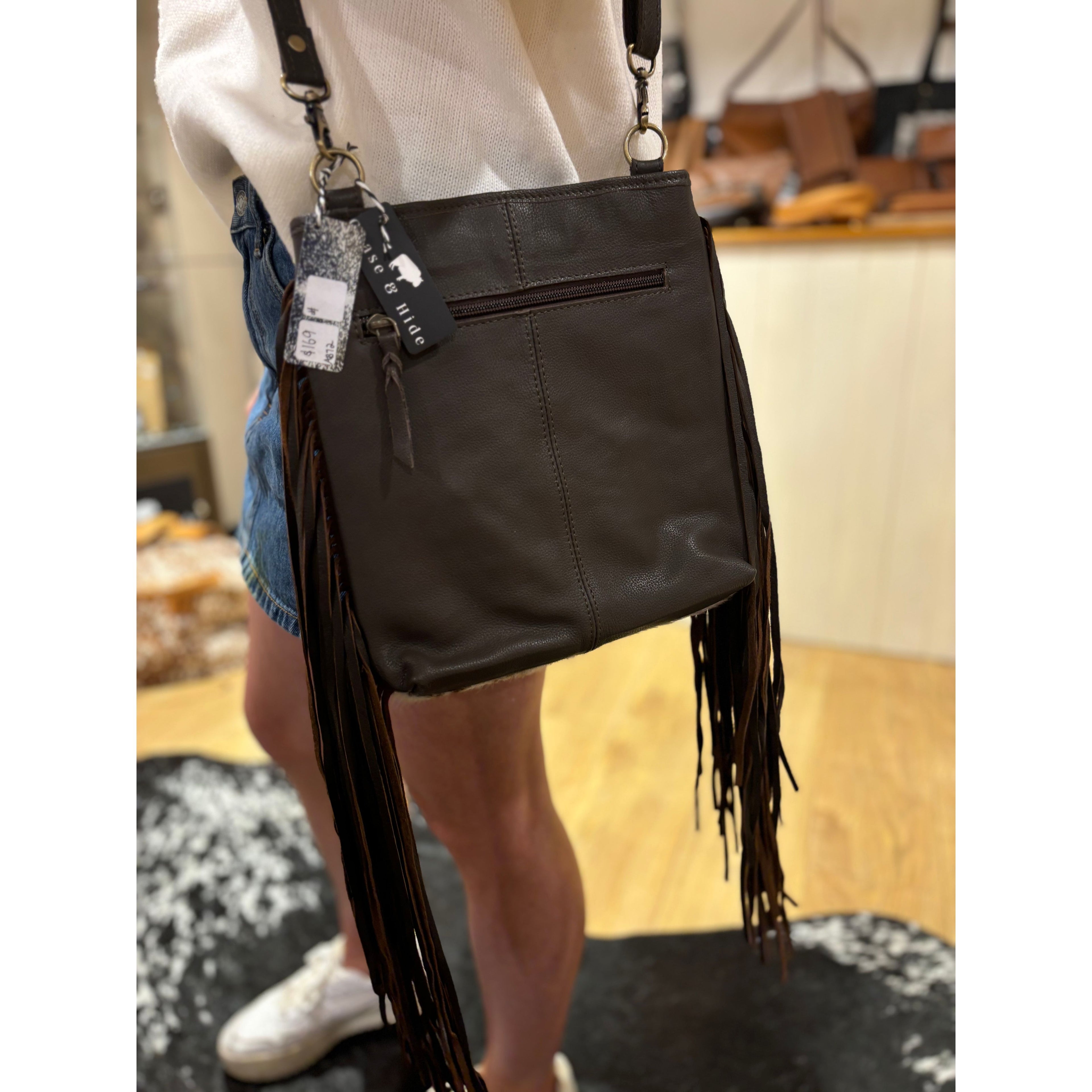 Hand Painted Tooling Leather Medium Sling Cowhide Bag With Fringes – AB72