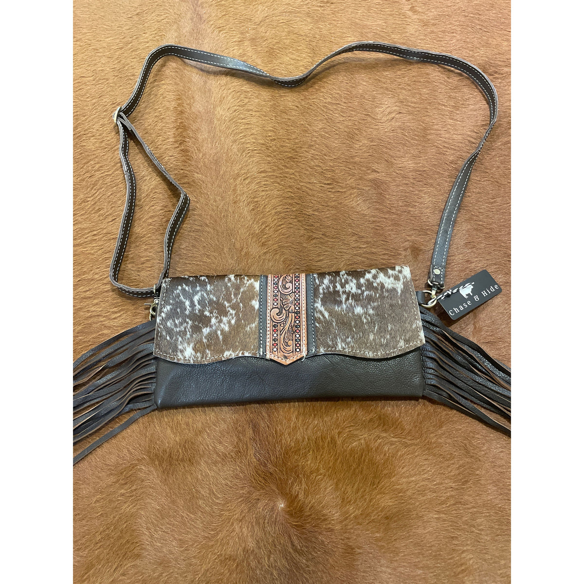 Hand Painted Tooling Leather Flap Cowhide Bag With Fringes – AB74