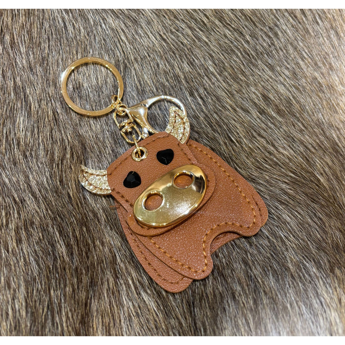 Leather Cow Bull glitter keychain