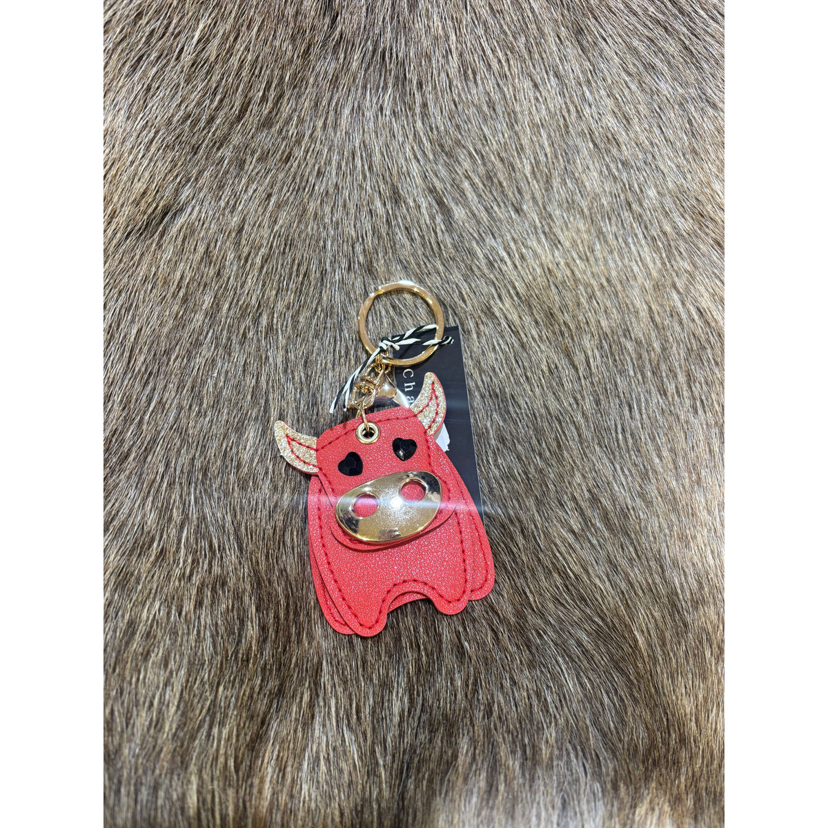 Leather Cow Bull glitter keychain