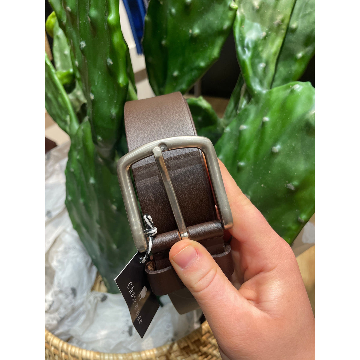 Leather Belt with Large Silver Buckle