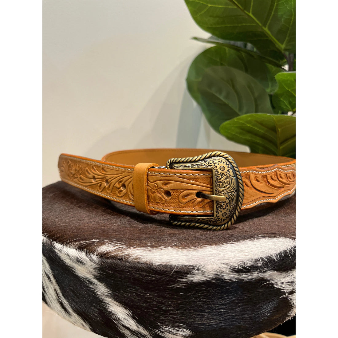 Tan Tooled Leather and Hide Belt 
