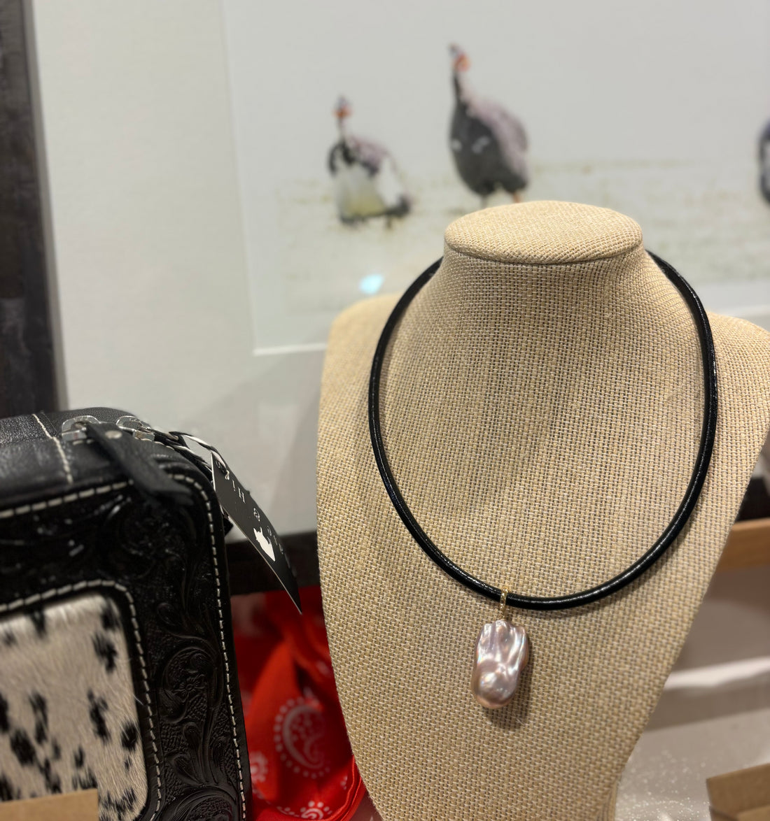 Natural Pink Freshwater Baroque pearl pendant on leather cord