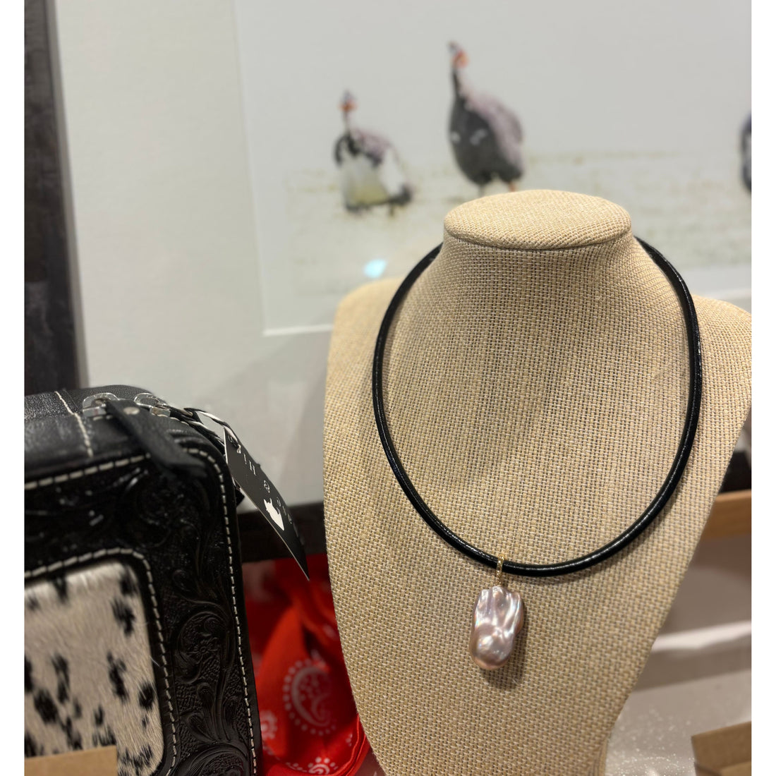 Natural Pink Freshwater Baroque pearl pendant on leather cord
