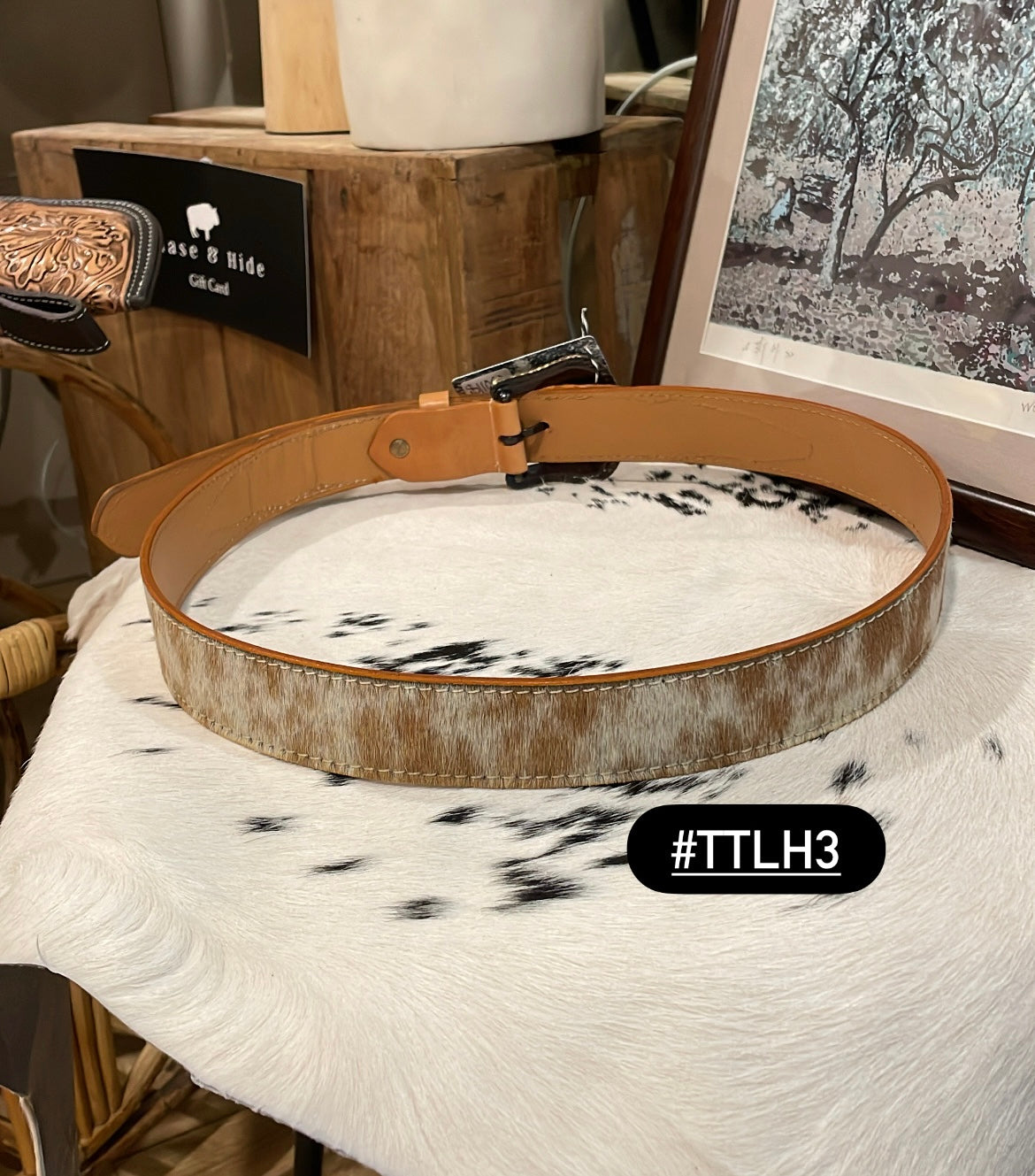 Tan Tooled Leather and Hide Belt