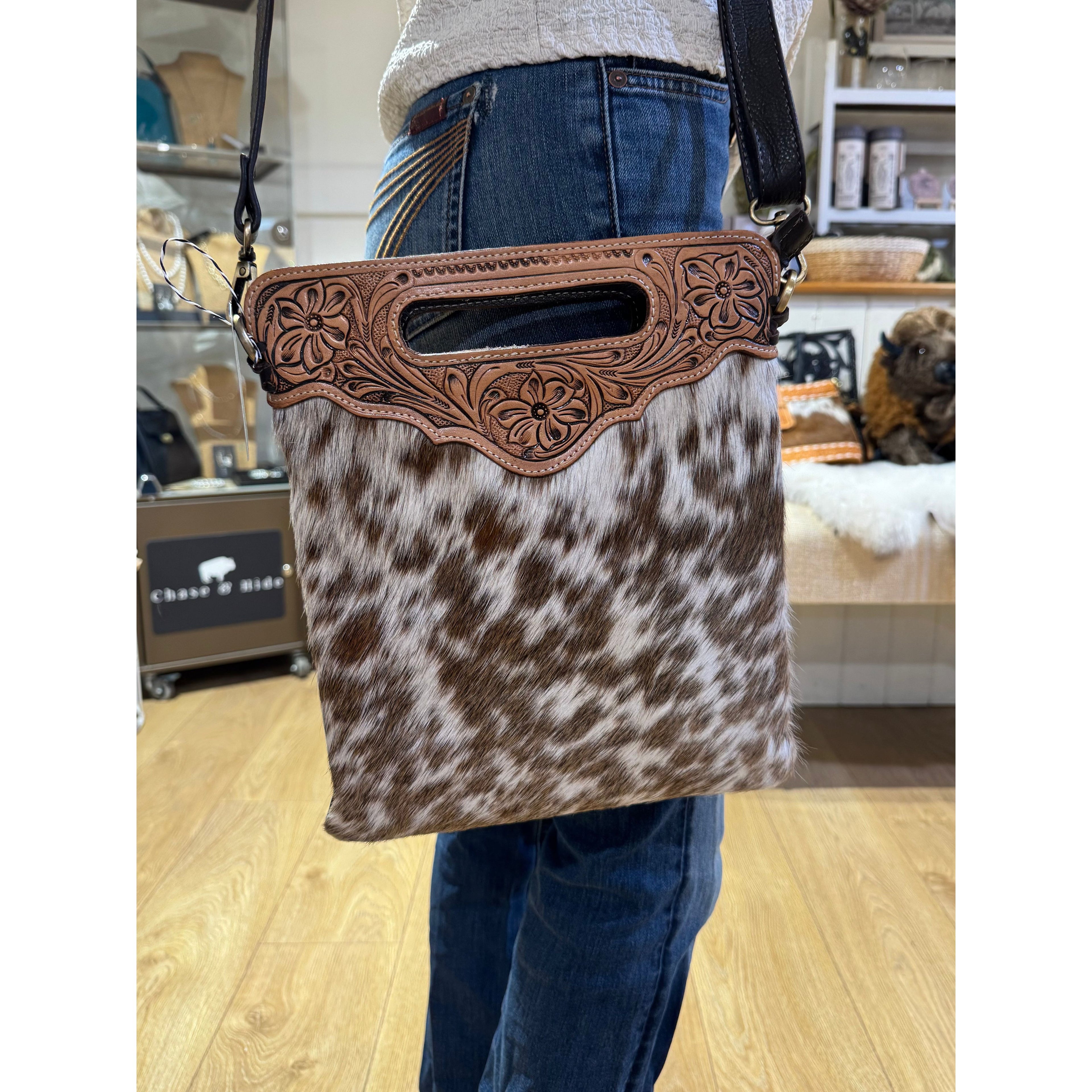 Sundance hide & tooled leather handbag