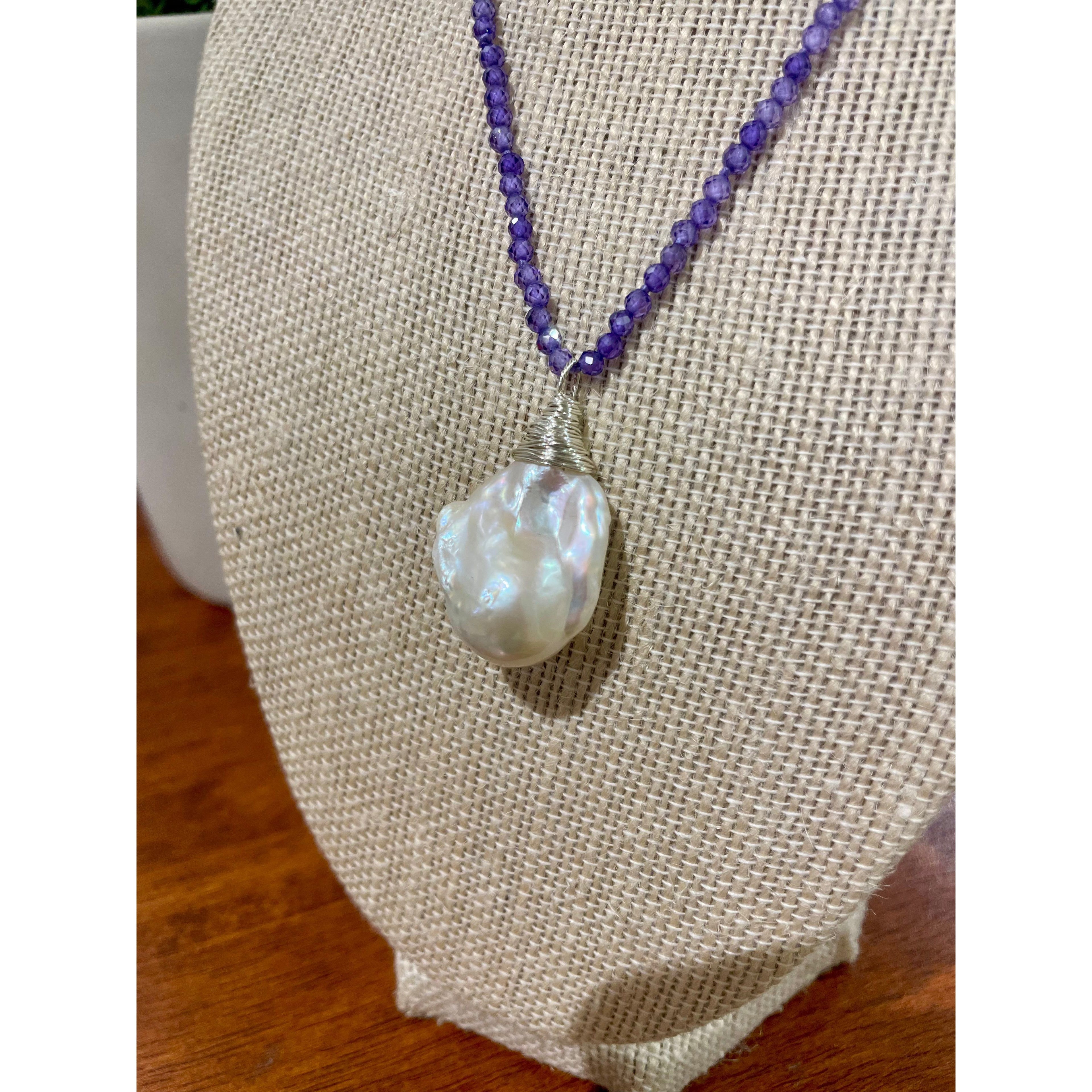 Micro Faceted Zircons Necklace with Lustrous Baroque Pearl