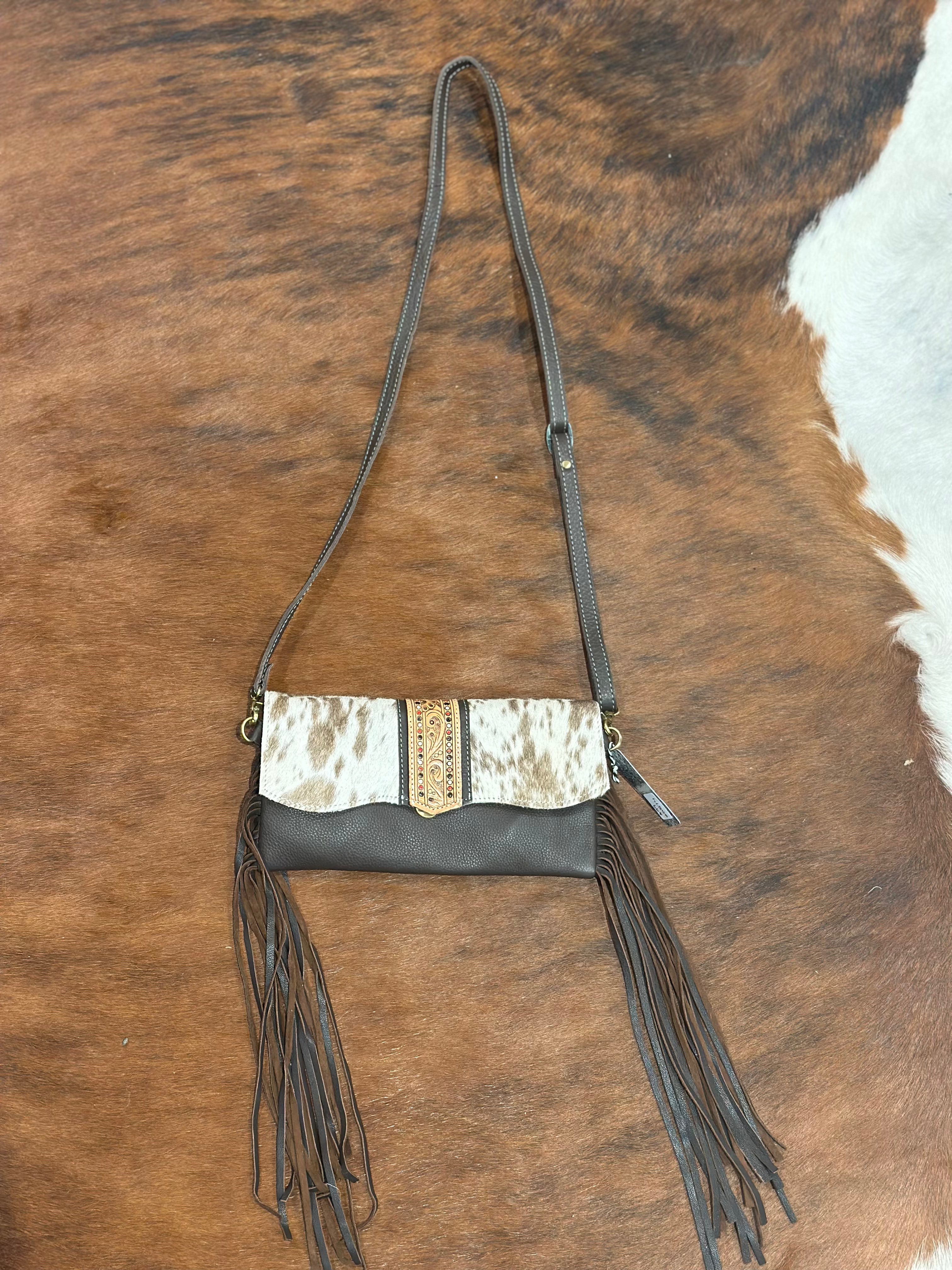 Hand Painted Tooling Leather Flap Cowhide Bag With Fringes – AB74