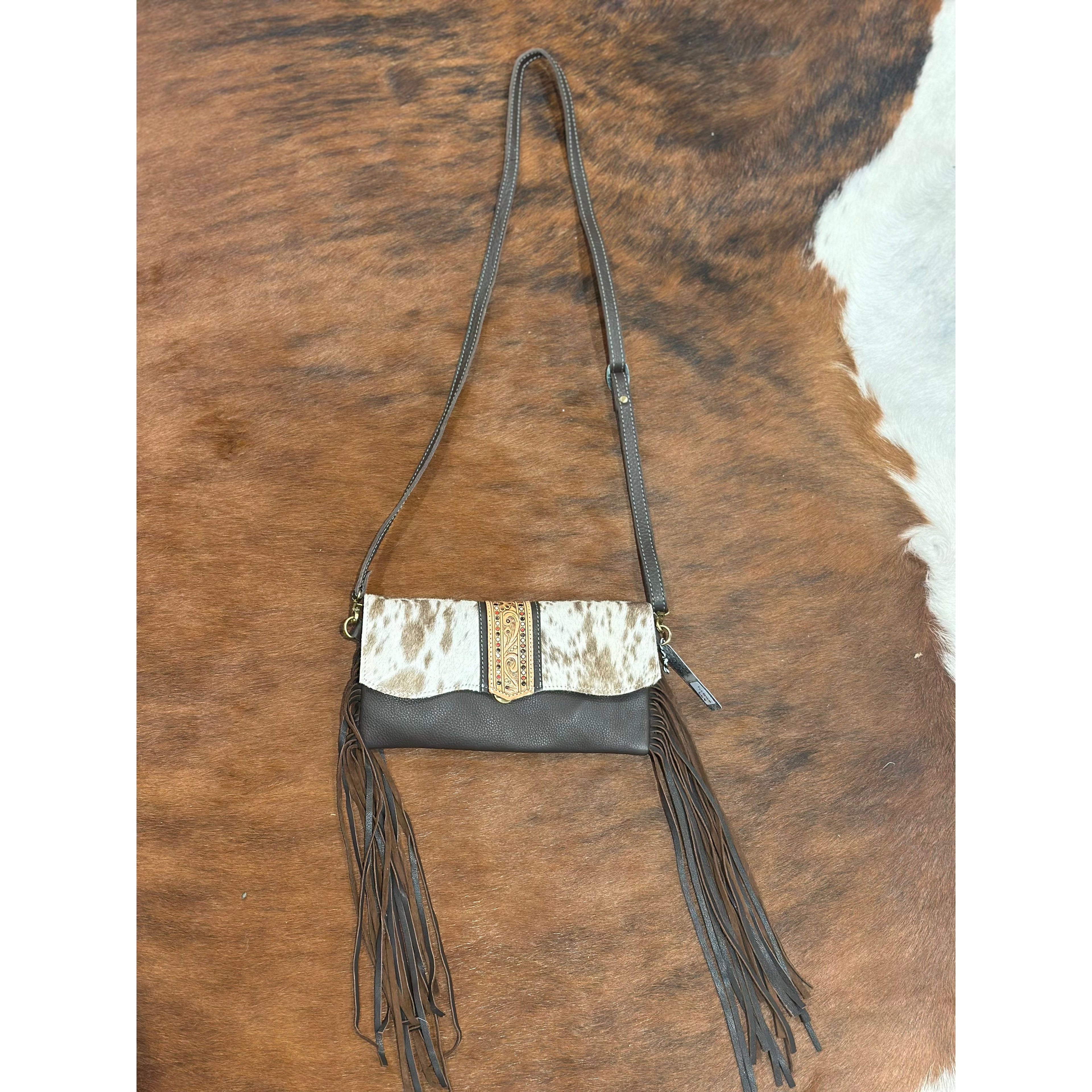 Hand Painted Tooling Leather Flap Cowhide Bag With Fringes – AB74