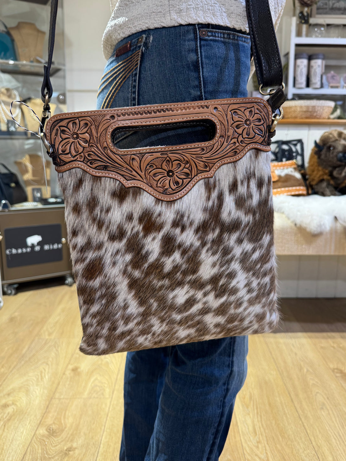 Sundance hide & tooled leather handbag