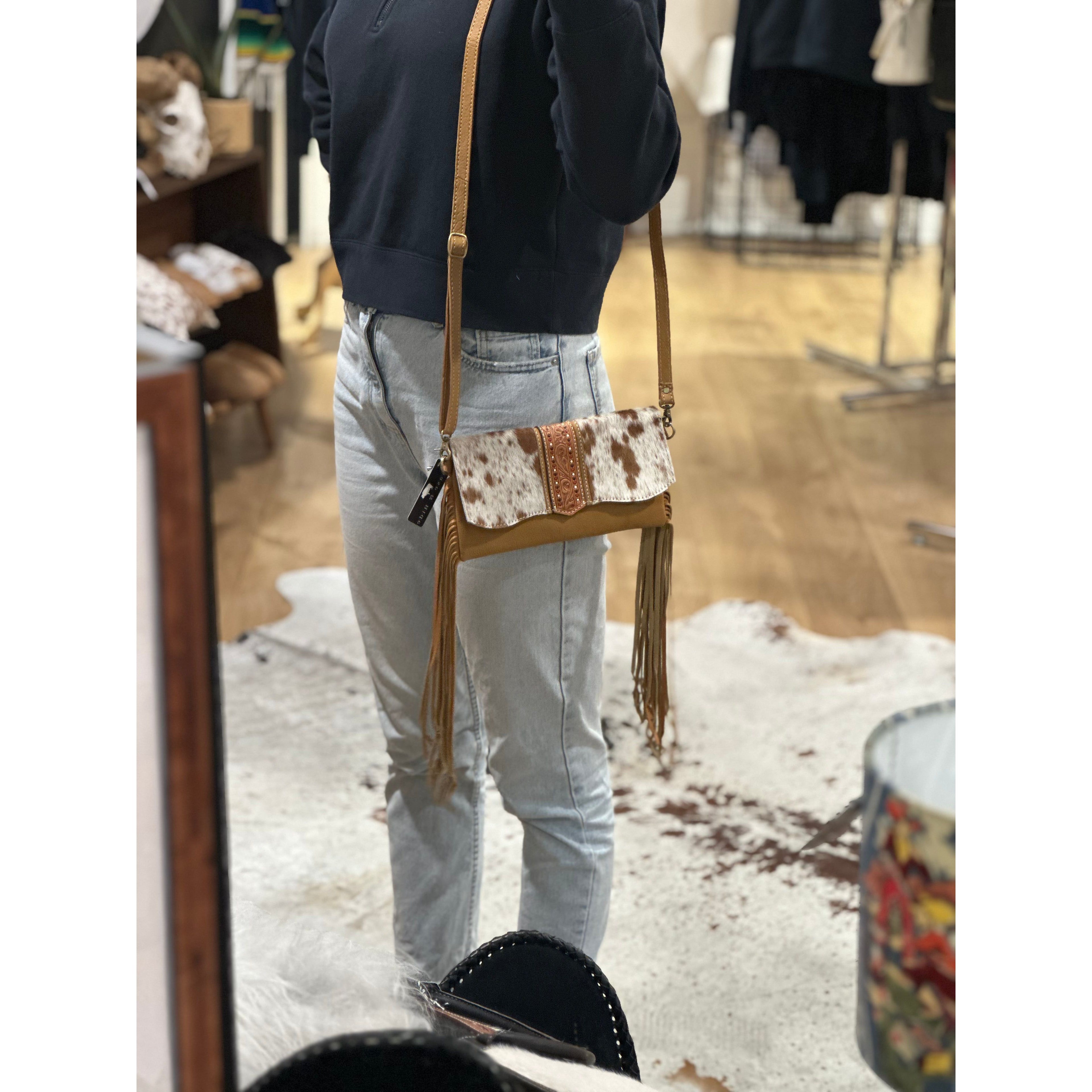 Hand Painted Tooling Leather Flap Cowhide Bag With Fringes – AB74