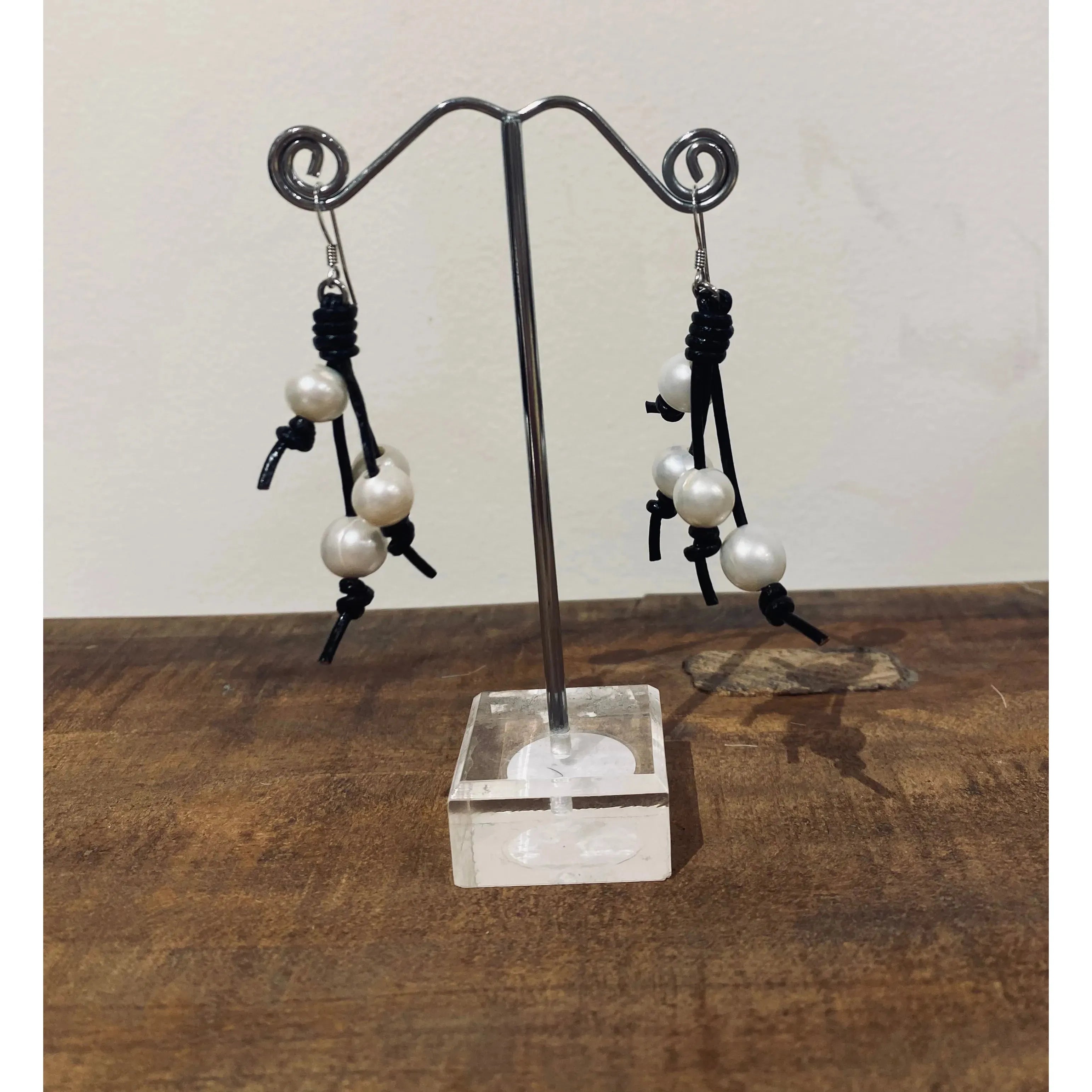 Pearl and Black Leather Tassel Earrings