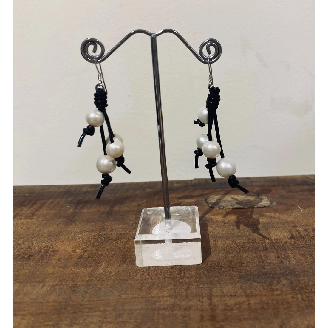 Pearl and Black Leather Tassel Earrings