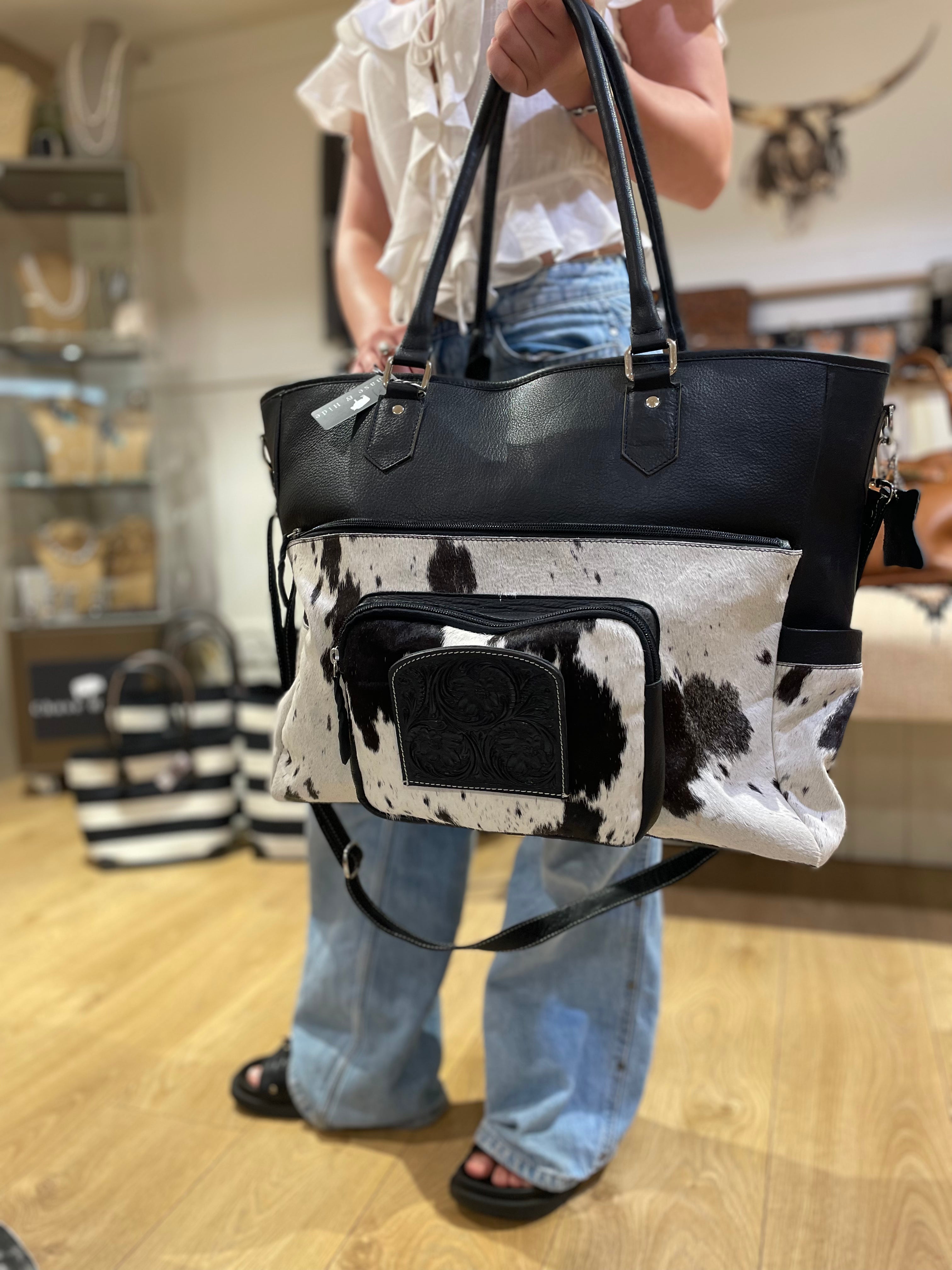 Cowhide and tooling leather nappy / Large Bag