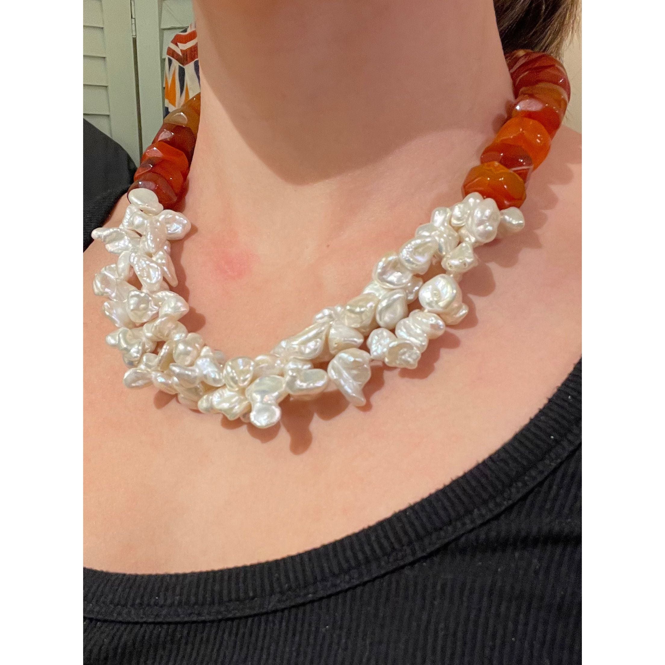 Tangerine Faceted Agate and Freshwater Keshi Pearl Necklace