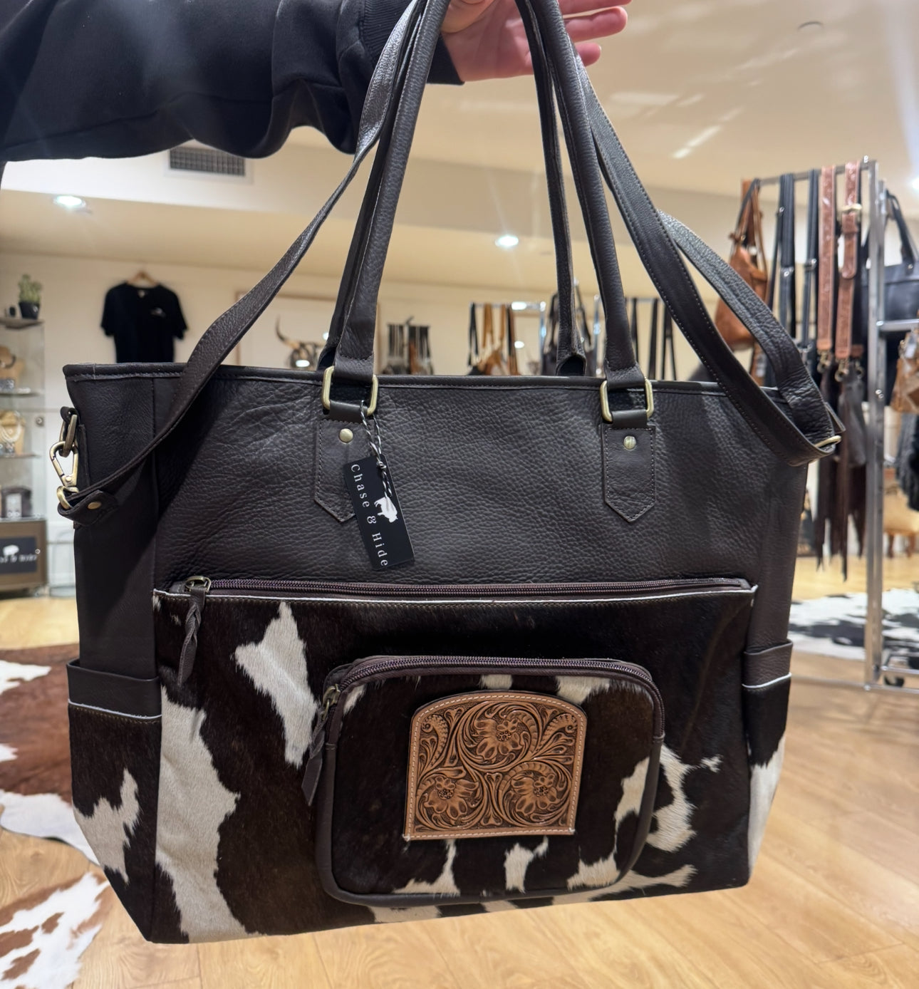 Cowhide and tooling leather nappy / Large Bag