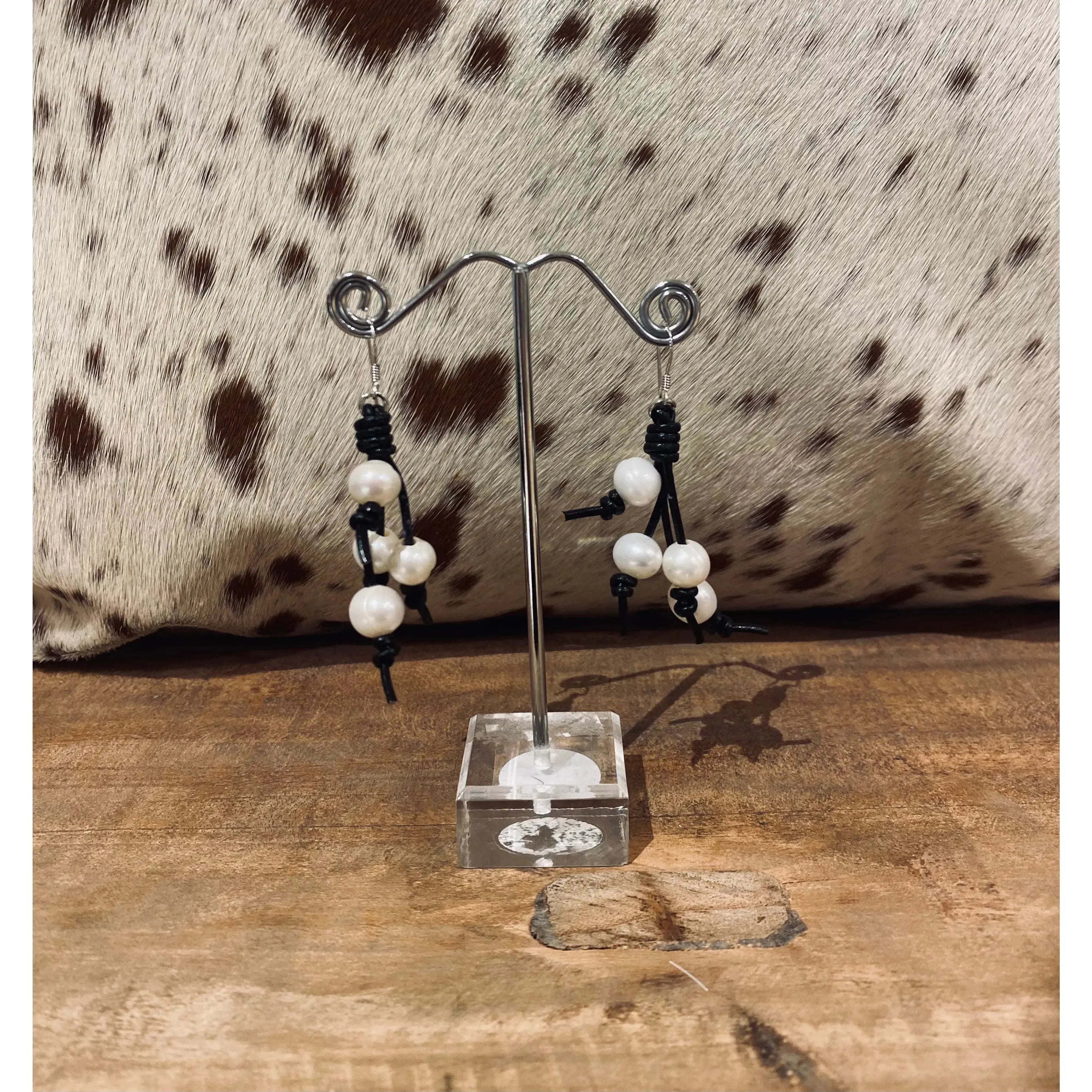 Pearl and Black Leather Tassel Earrings