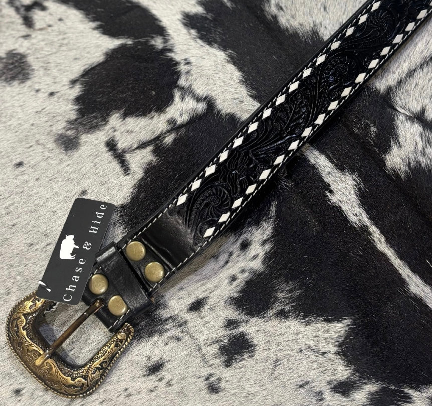 Black stitched tooling leather belt