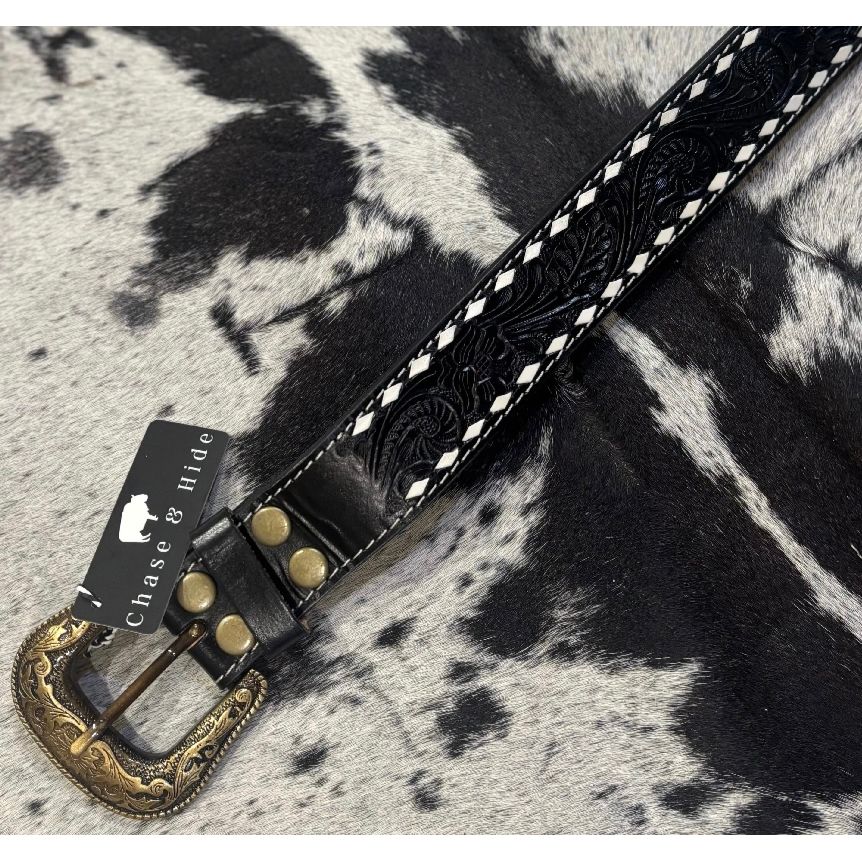Black stitched tooling leather belt