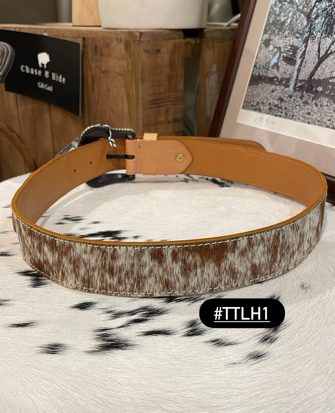 Tan Tooled Leather and Hide Belt