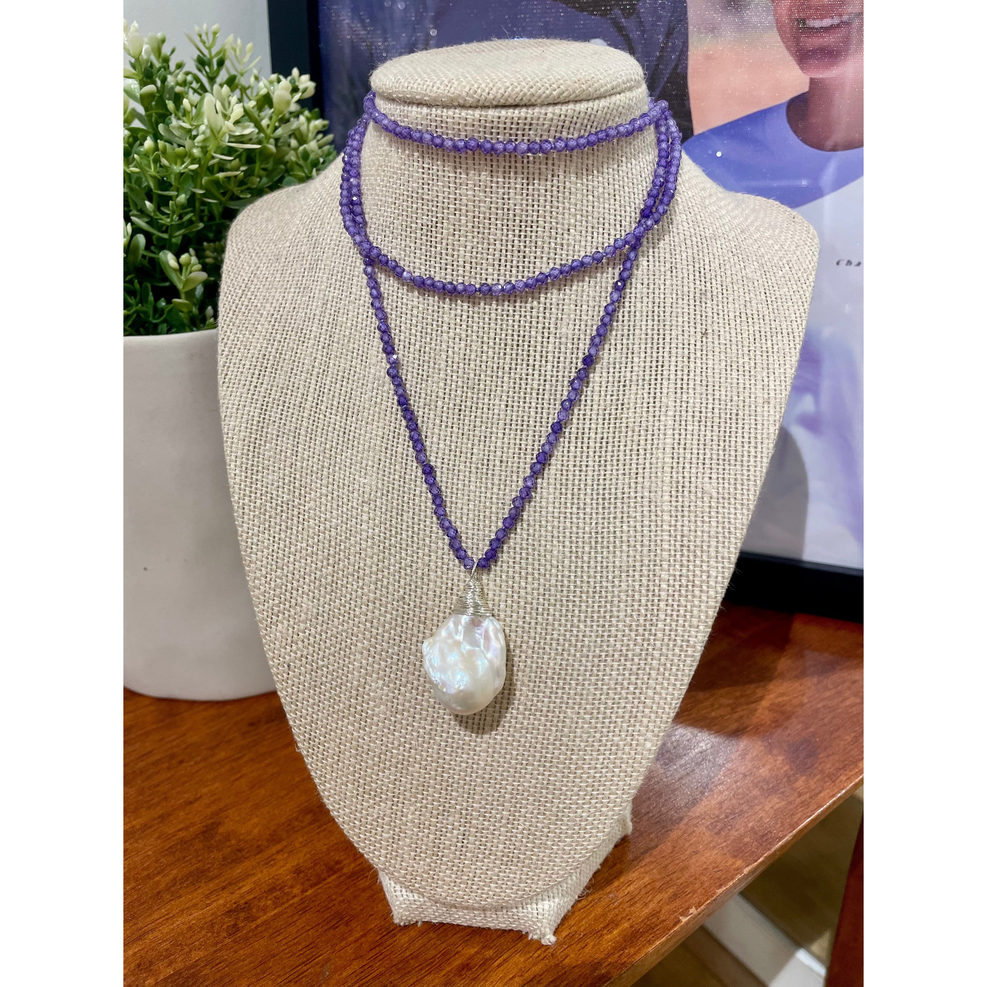 Micro Faceted Zircons Necklace with Lustrous Baroque Pearl