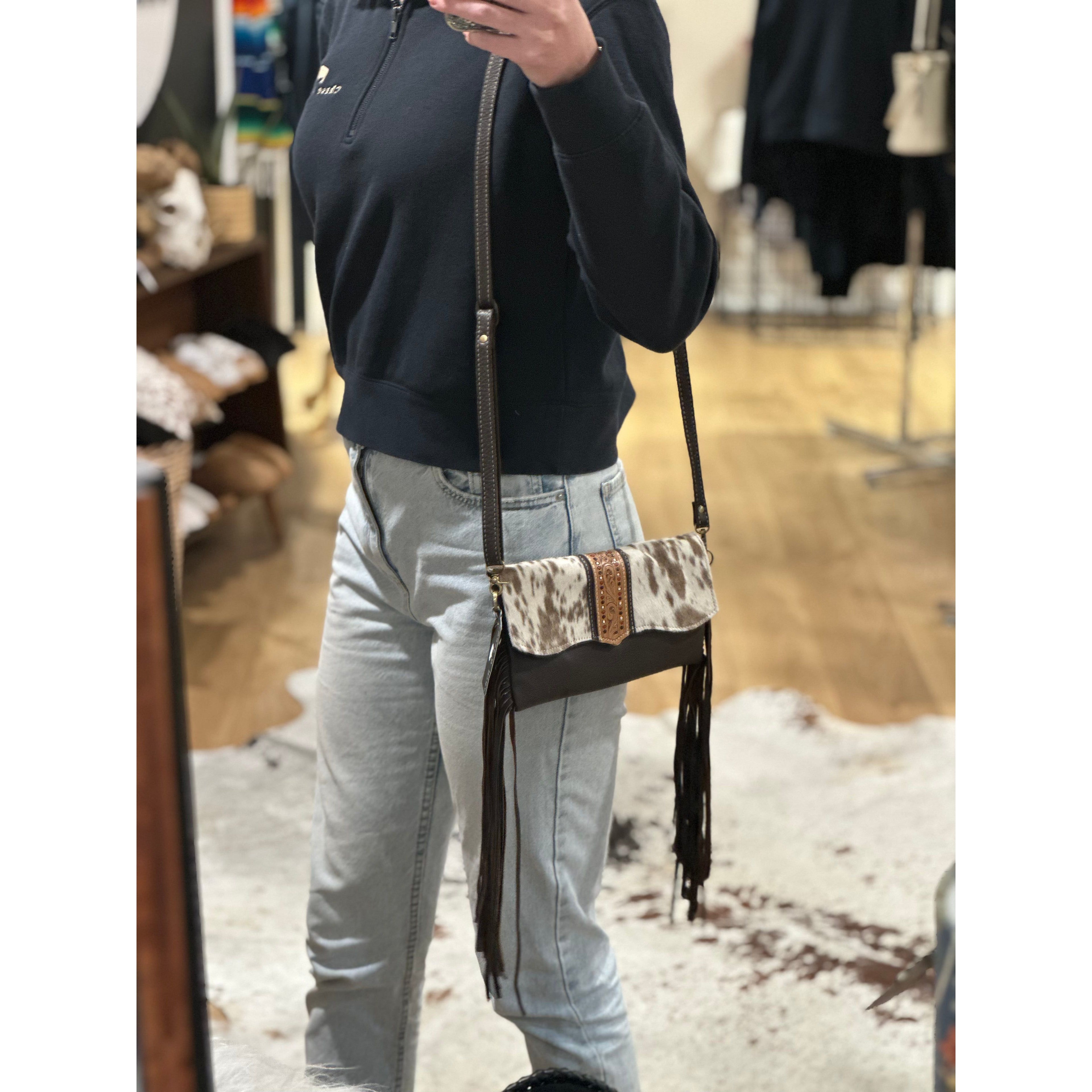 Hand Painted Tooling Leather Flap Cowhide Bag With Fringes – AB74