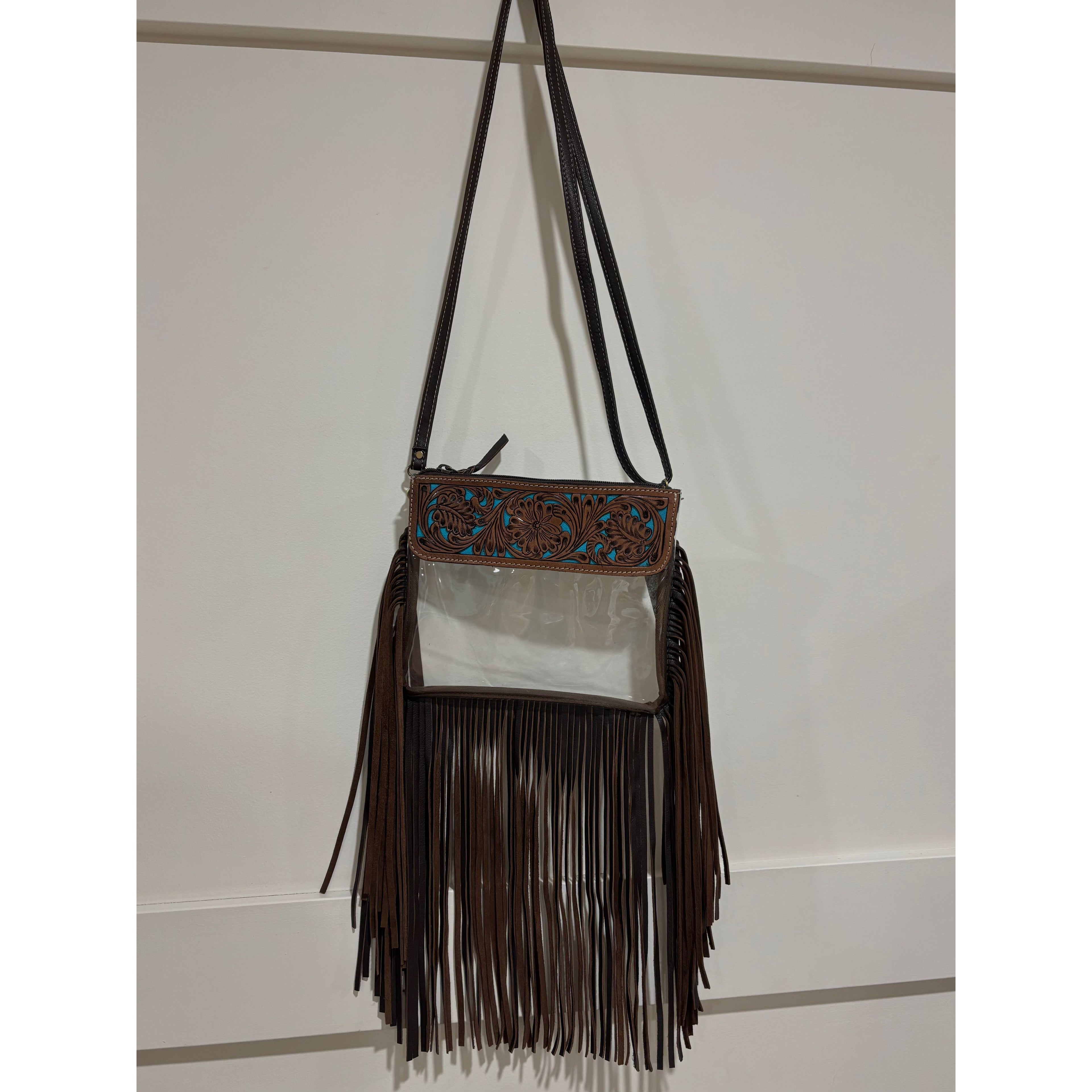 Tooling Leather and Clear Plastic Clutch Bag with Fringes –