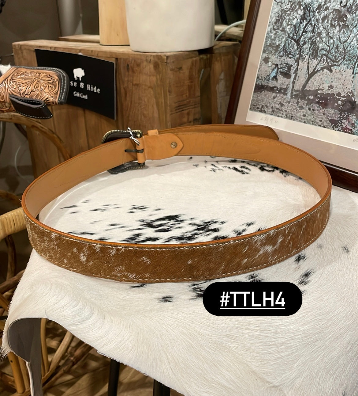 Tan Tooled Leather and Hide Belt
