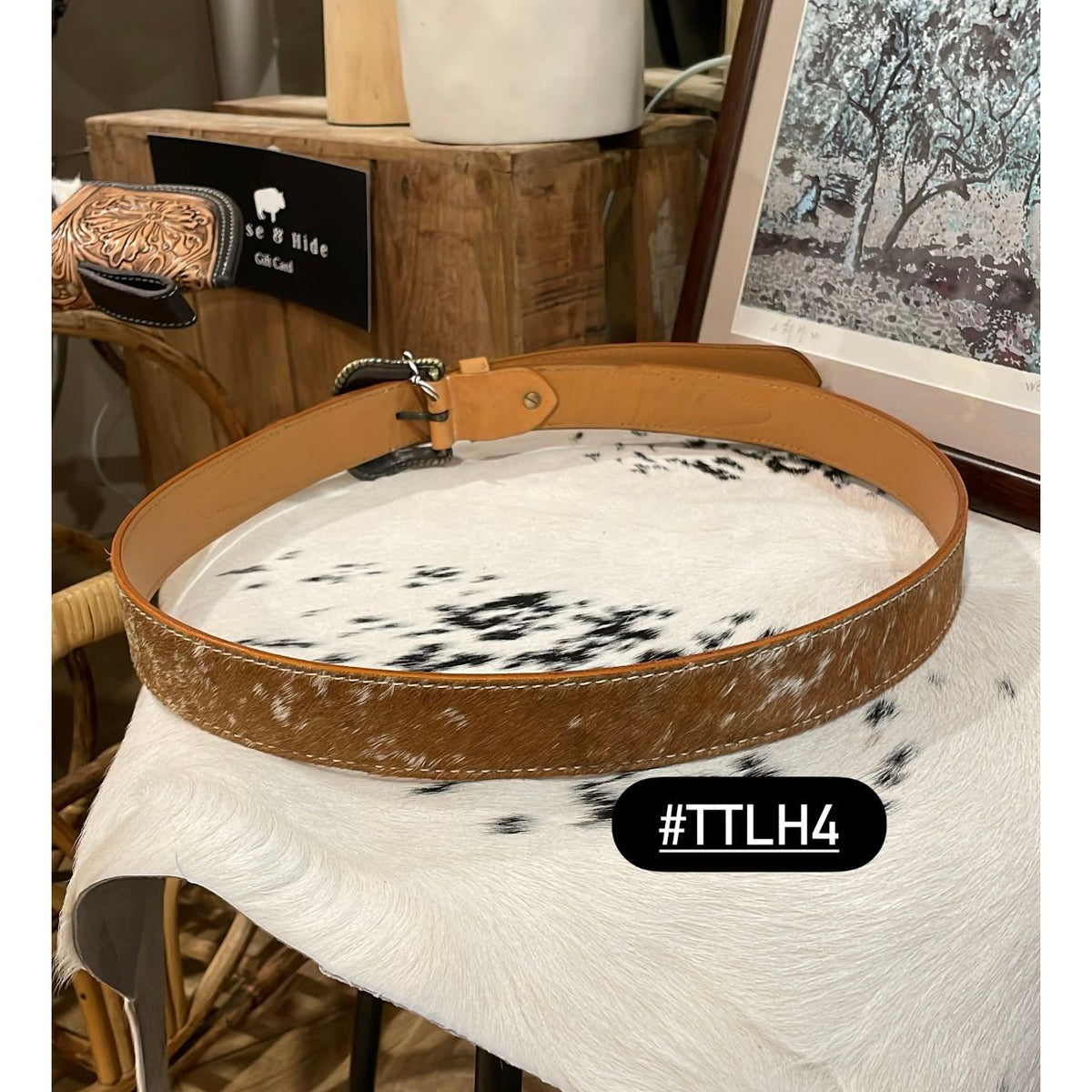 Tan Tooled Leather and Hide Belt