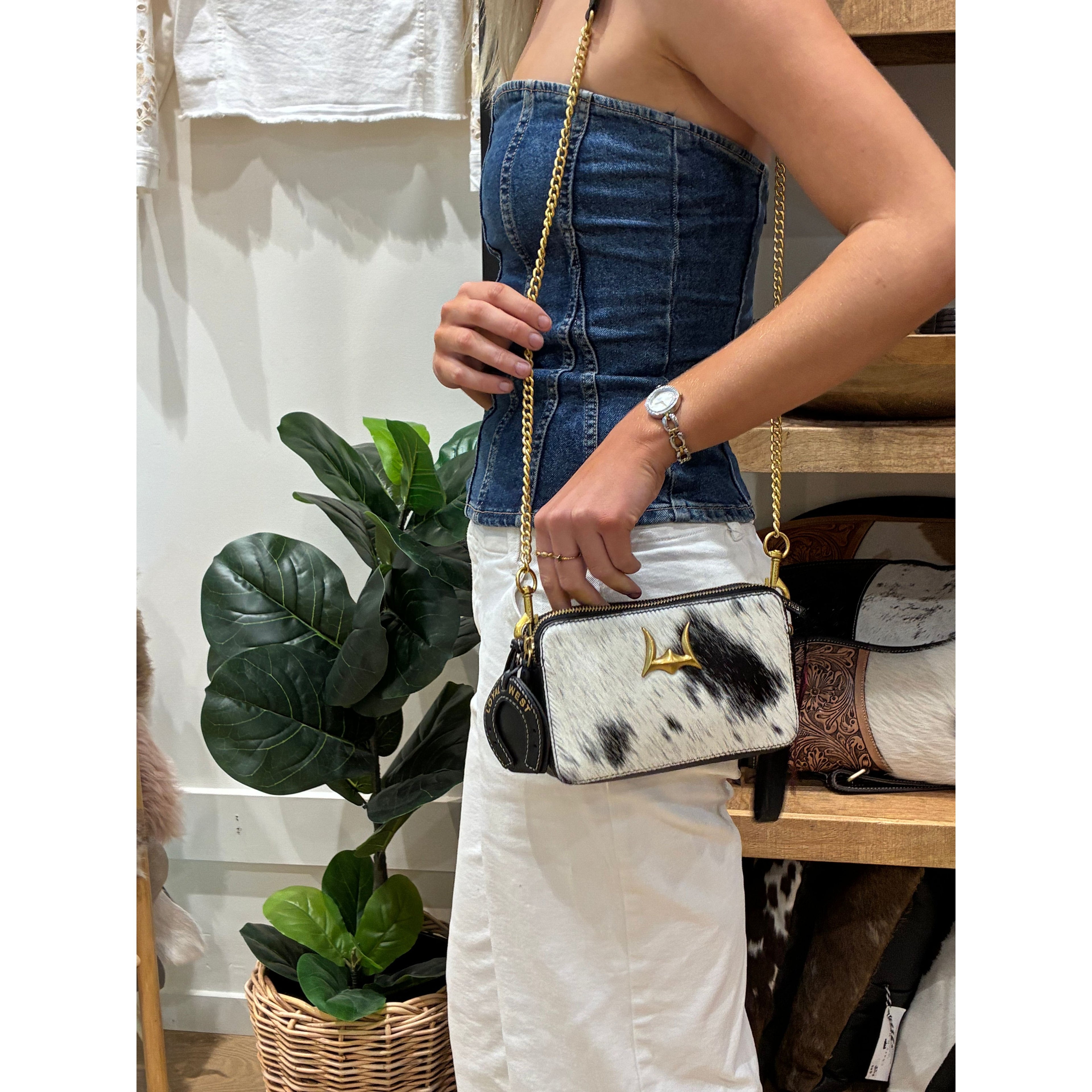 Shell Mini Purse In Black & White Cowhide