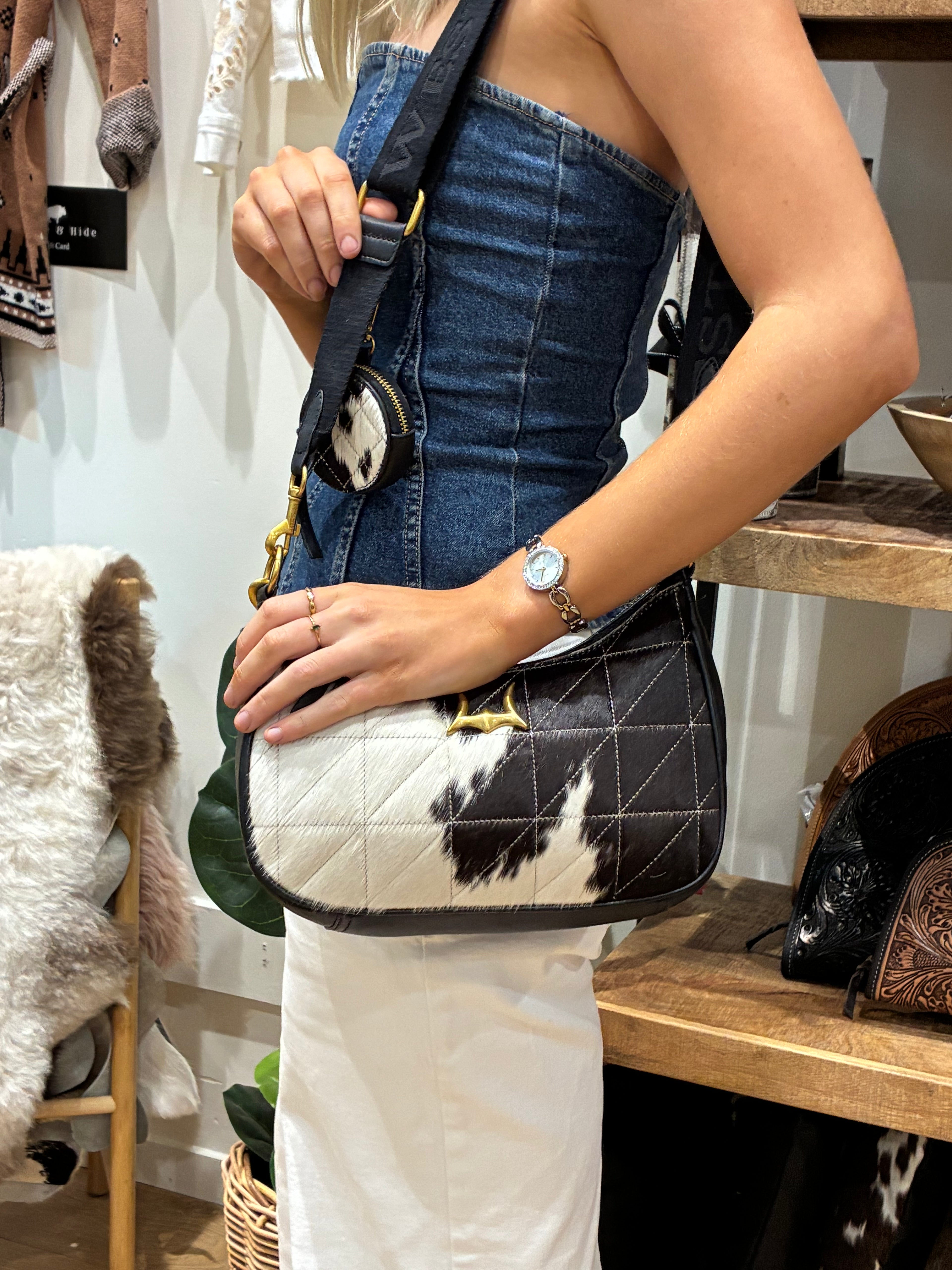 Joe Quilted Nappa Leather Bag - Black & White Cowhide