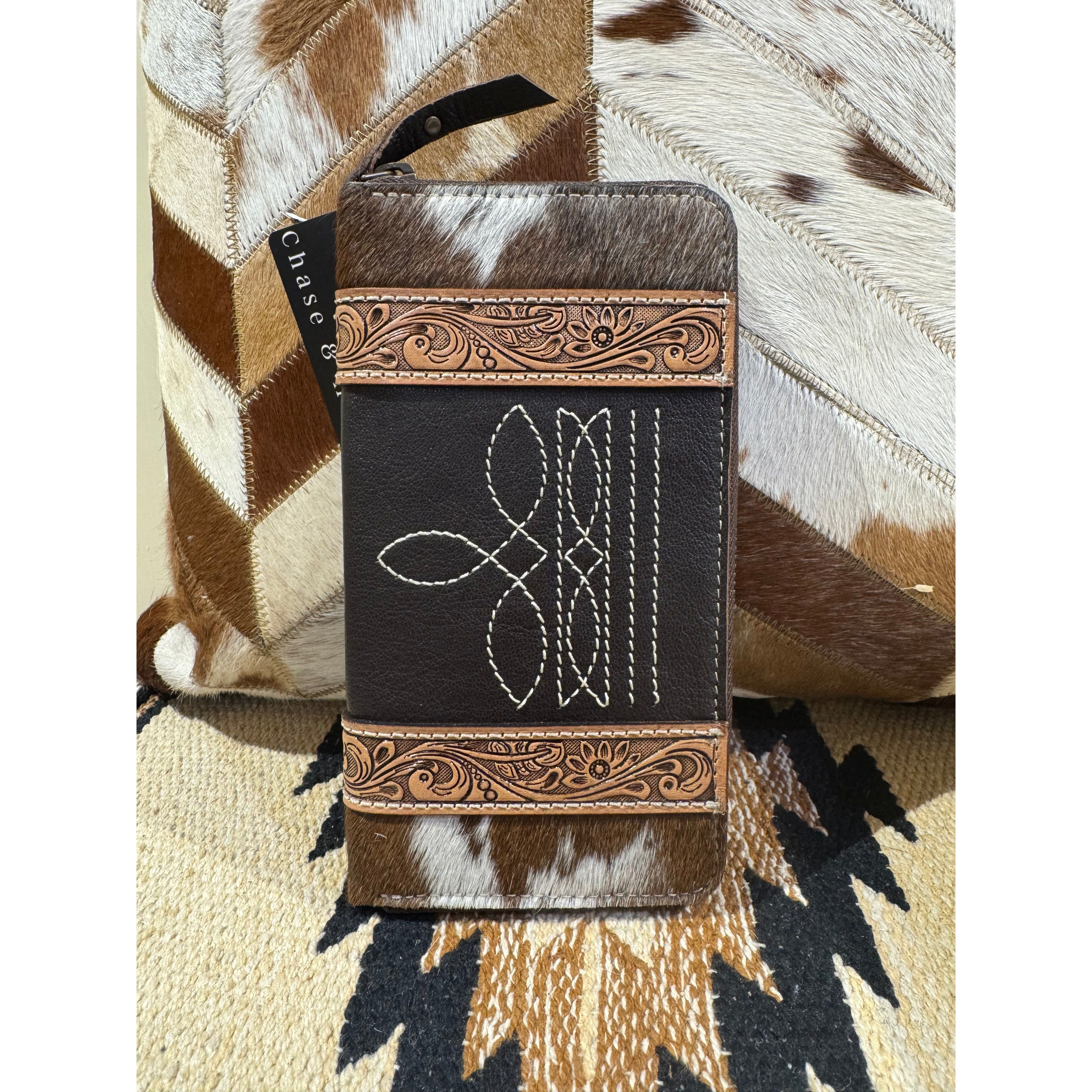 Cowhide and tooling leather boot stitch zippered wallet